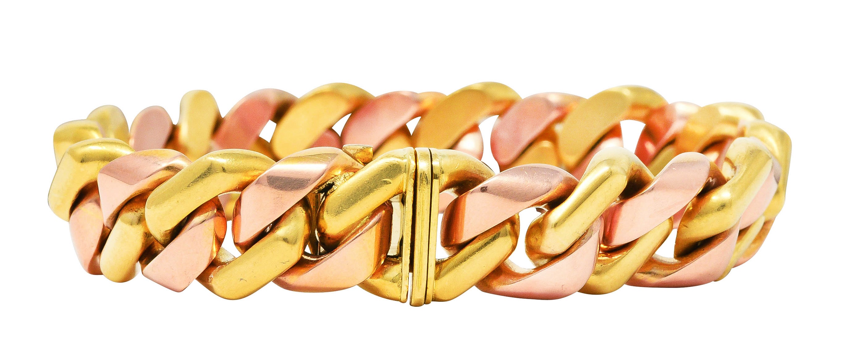 Bulgari 18 Karat Two-Tone Rose Yellow Gold Curb Link Chain Bracelet Wilson's Estate Jewelry