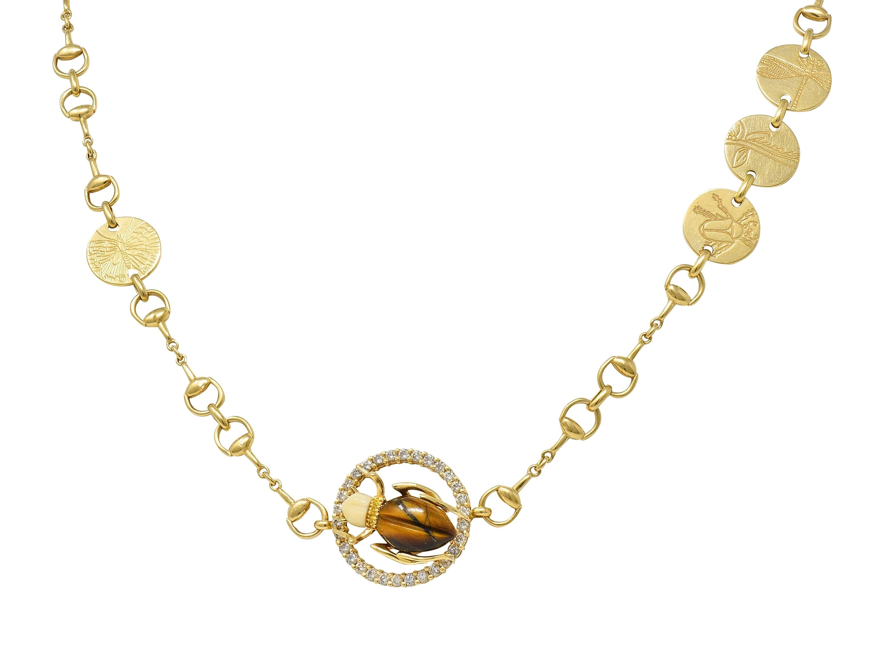 Gucci 2010 Diamond Tiger's Eye 18 Karat Yellow Gold Beetle Horsebit Necklace