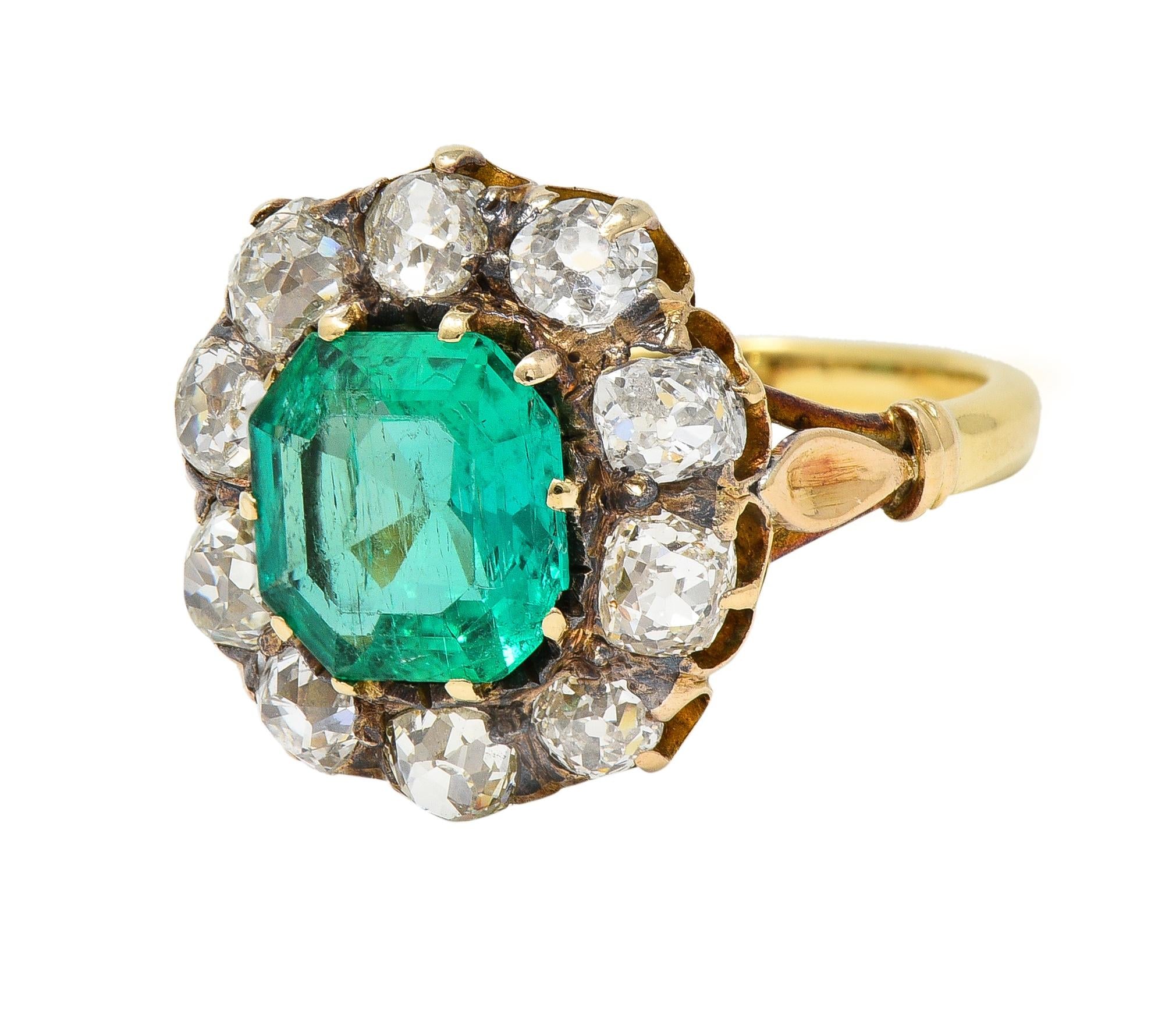 Victorian 4.28 CTW Colombian Emerald Diamond 18 Karat Yellow Gold Halo Ring GIA