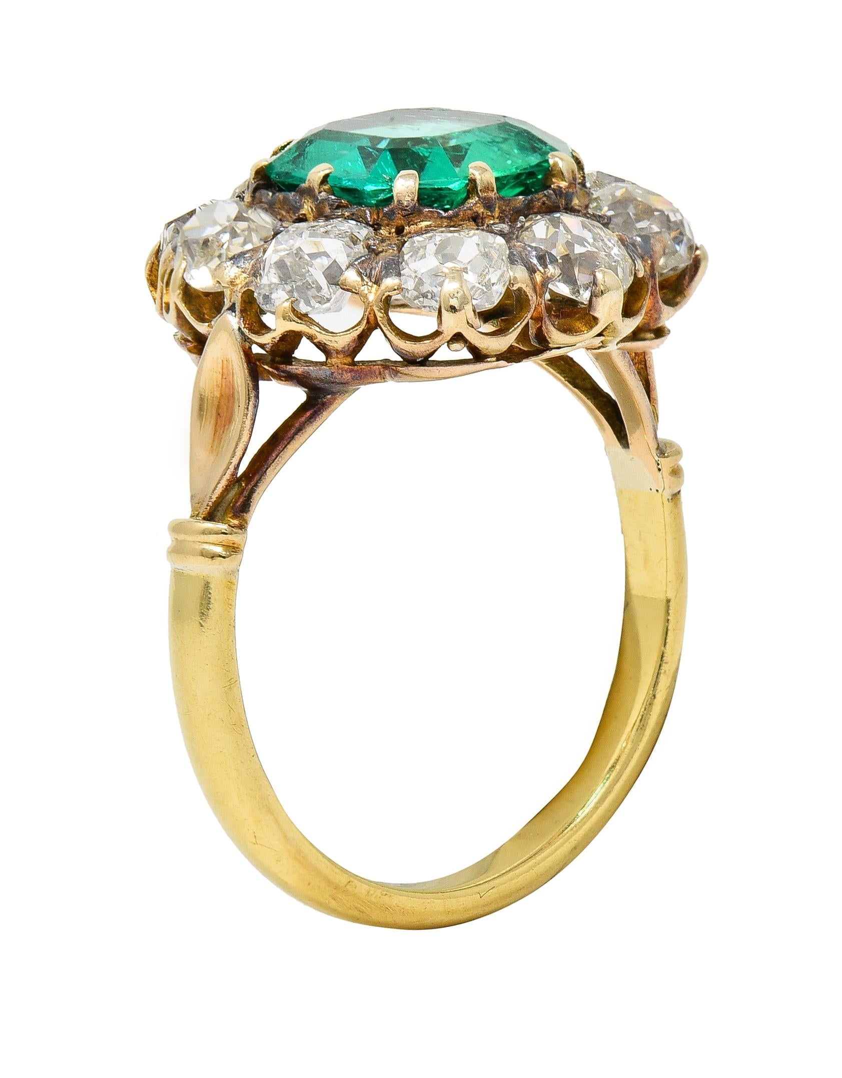 Victorian 4.28 CTW Colombian Emerald Diamond 18 Karat Yellow Gold Halo Ring GIA