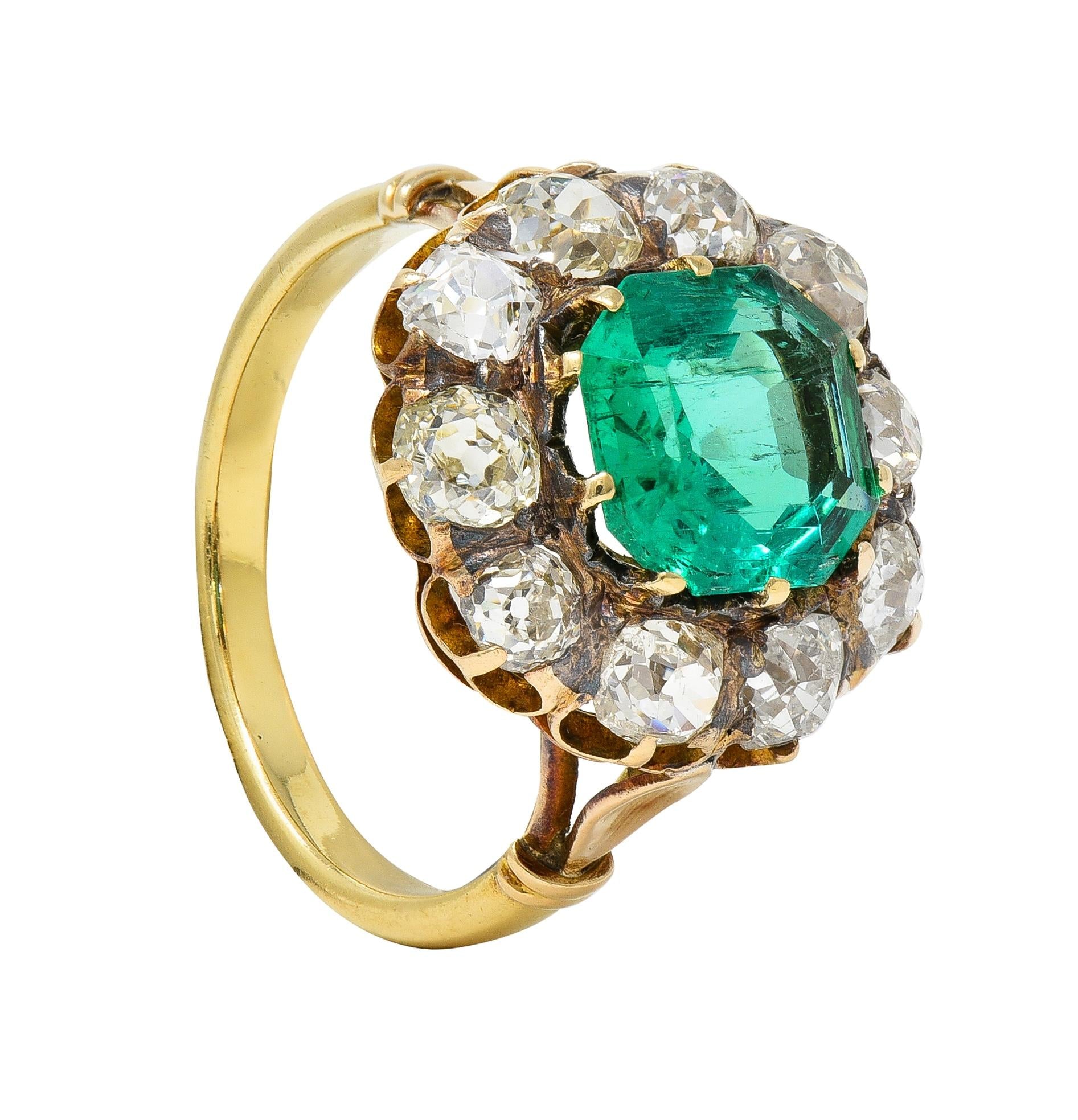 Victorian 4.28 CTW Colombian Emerald Diamond 18 Karat Yellow Gold Halo Ring GIA