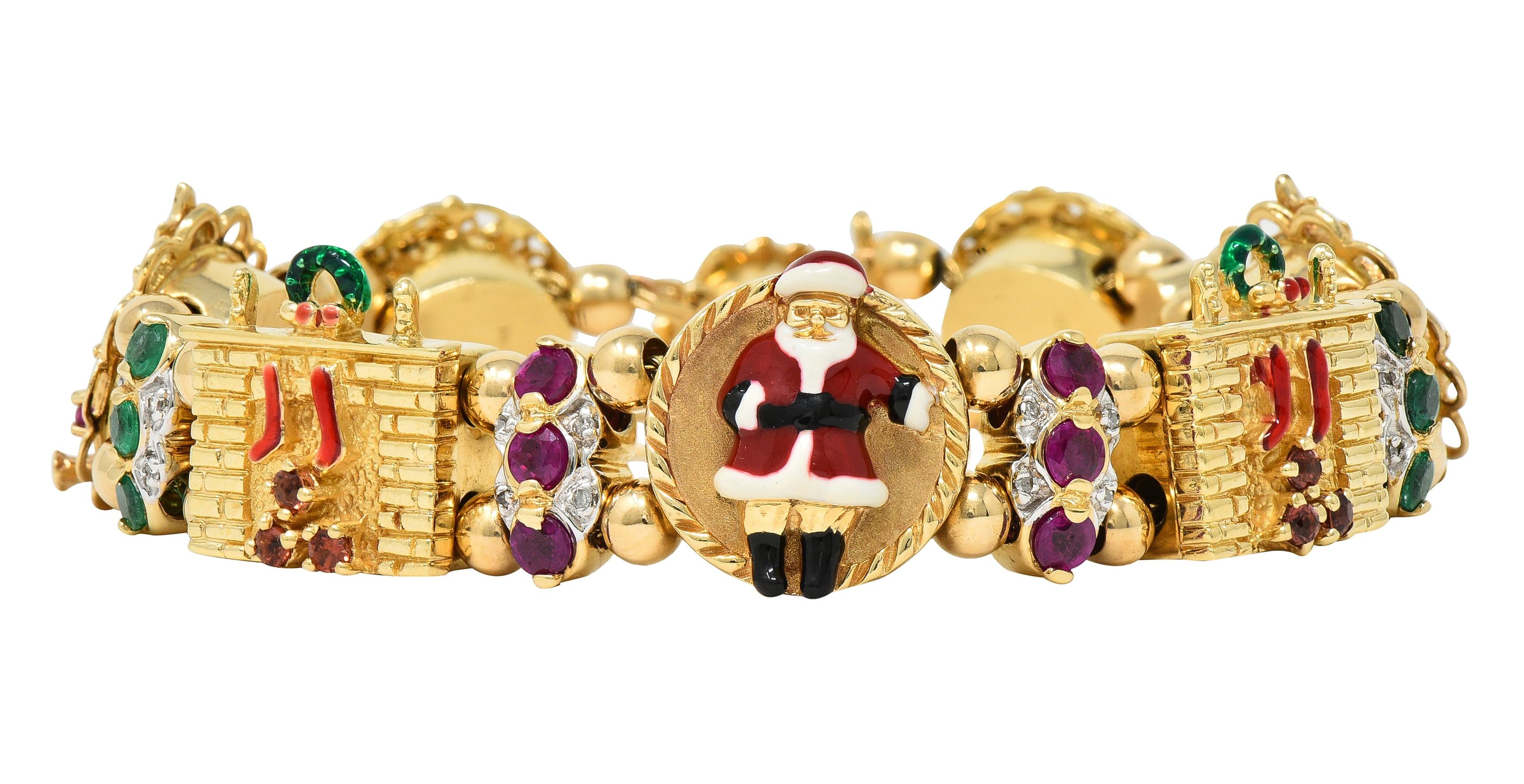 1990s Ruby Emerald Diamond Garnet Enamel 14 Karat Gold Christmas Slide Bracelet