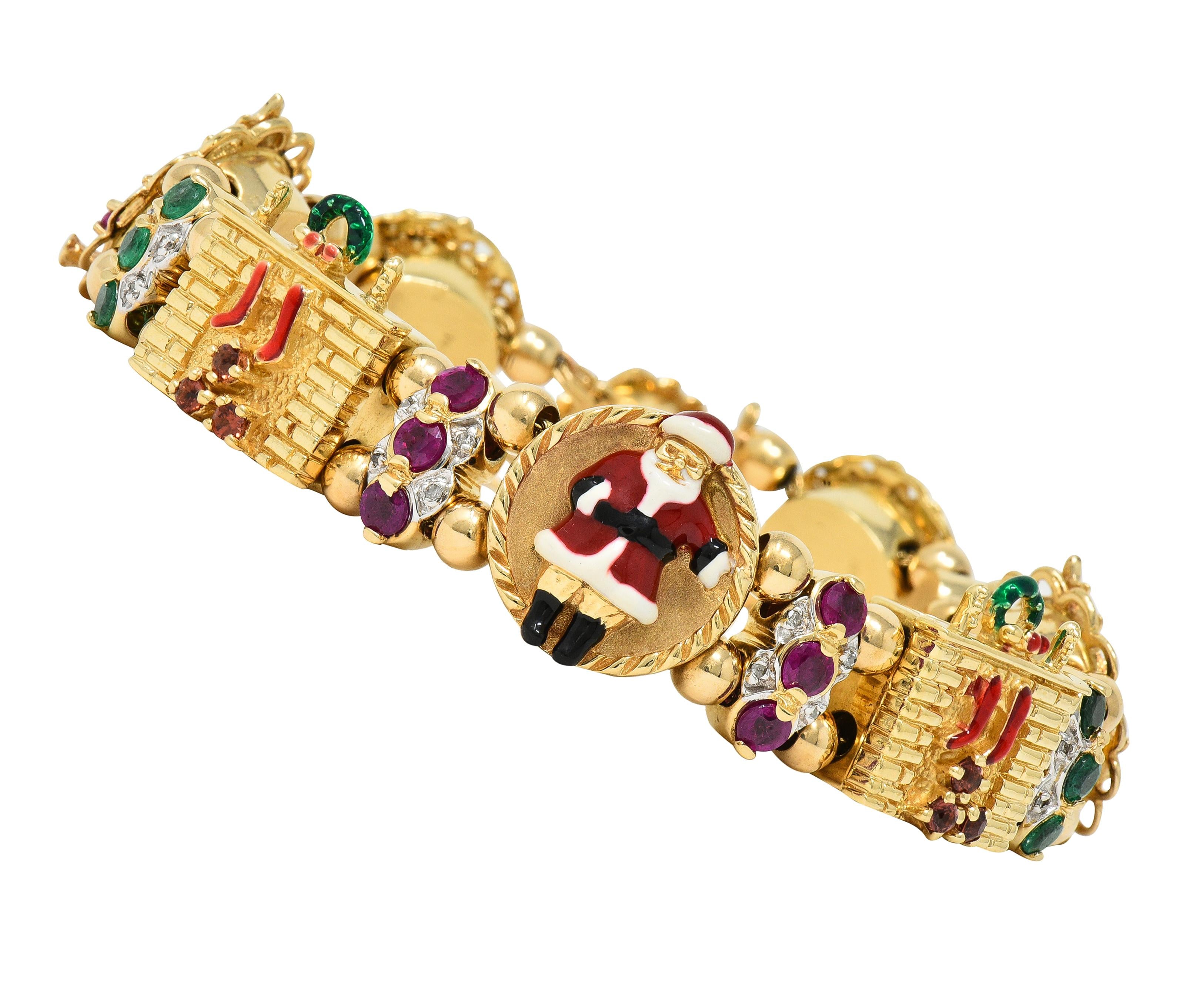 1990s Ruby Emerald Diamond Garnet Enamel 14 Karat Gold Christmas Slide Bracelet