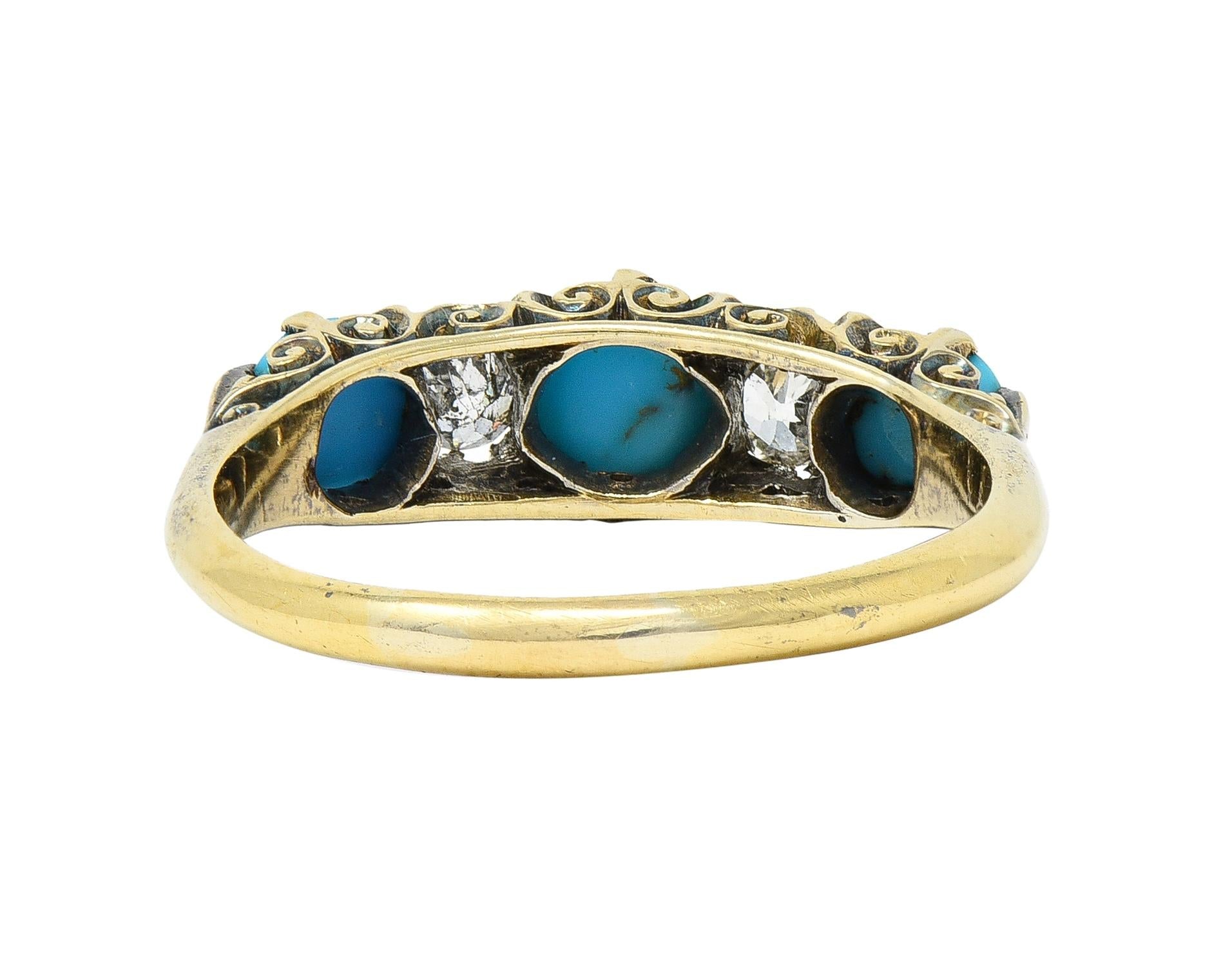 Victorian Turquoise Diamond 18 Karat Yellow Gold Scrolling Antique Band Ring