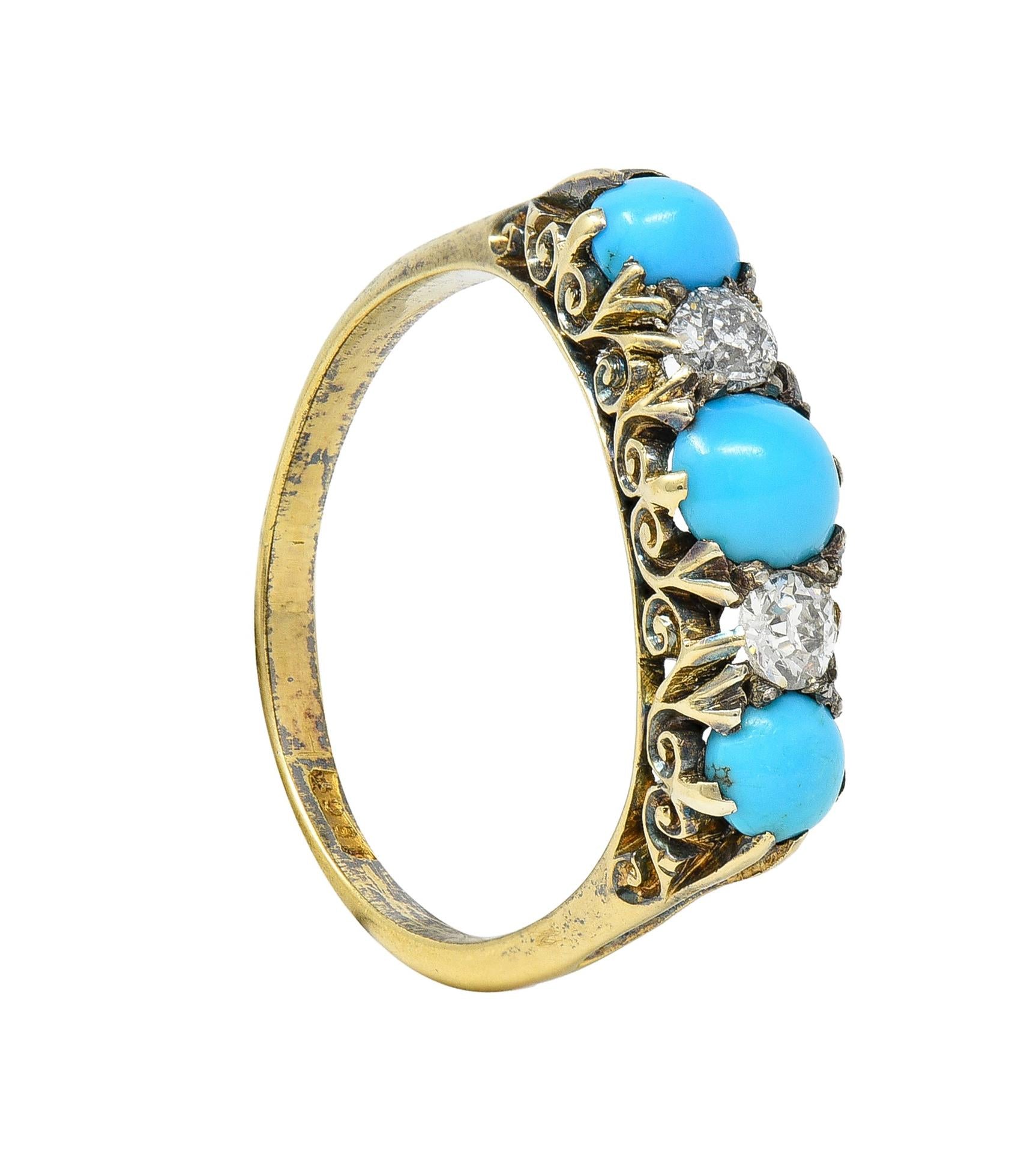 Victorian Turquoise Diamond 18 Karat Yellow Gold Scrolling Antique Band Ring