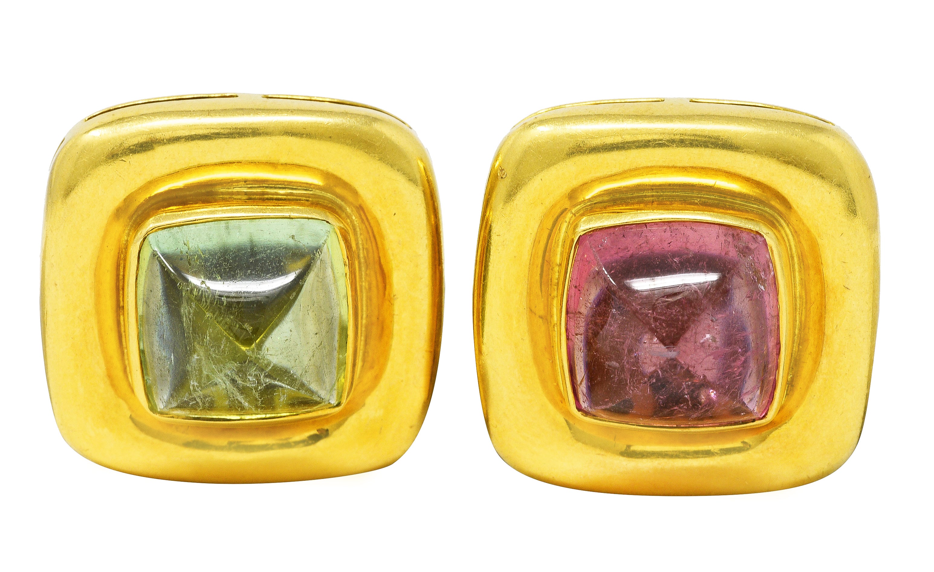 Elizabeth Locke Pink & Green Tourmaline 18 Karat Yellow Gold Vintage Gemstone Cabochon Earrings Wilson's Estate Jewelry