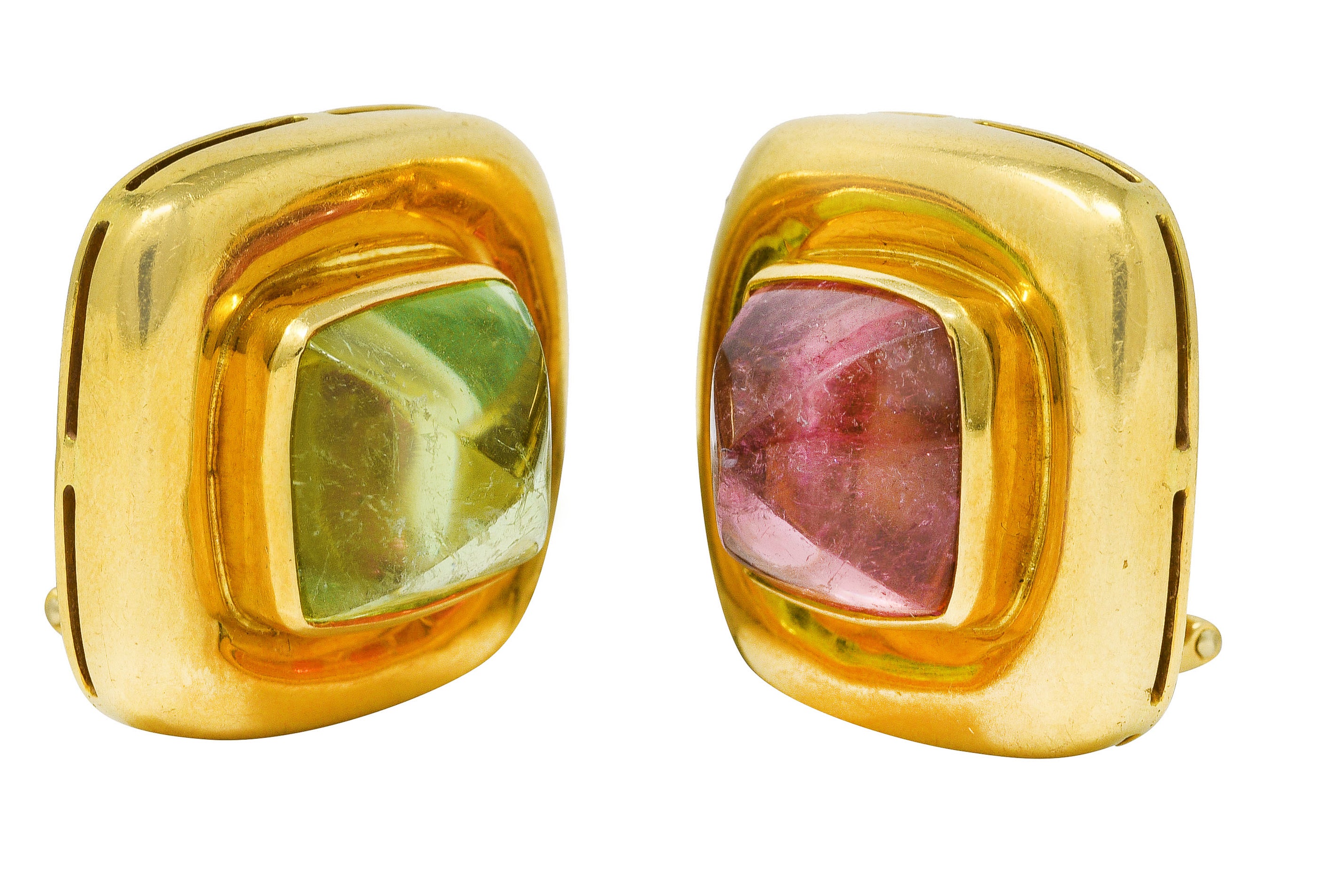 Elizabeth Locke Pink & Green Tourmaline 18 Karat Yellow Gold Vintage Gemstone Cabochon Earrings Wilson's Estate Jewelry