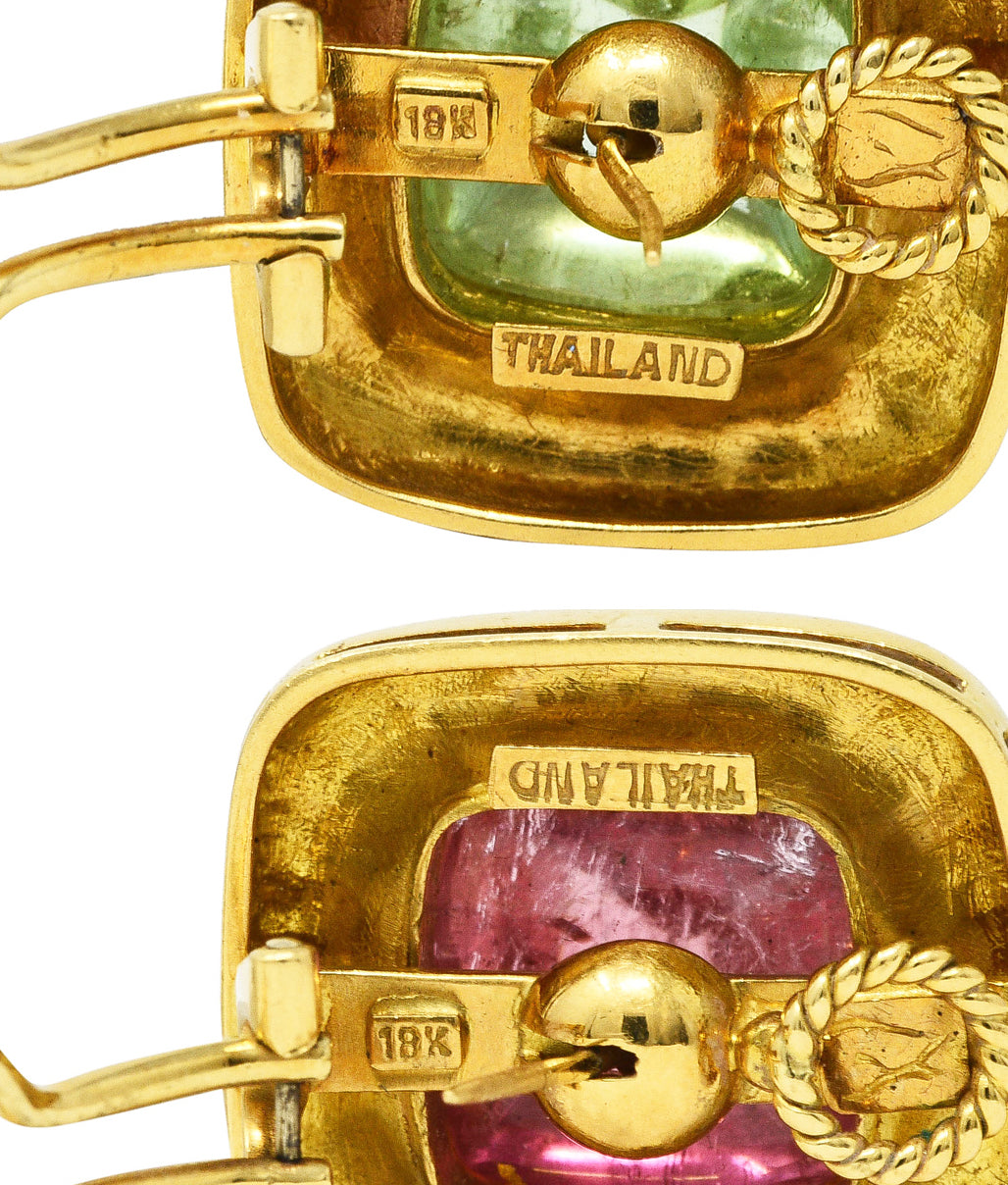 Elizabeth Locke Pink & Green Tourmaline 18 Karat Yellow Gold Vintage Gemstone Cabochon Earrings Wilson's Estate Jewelry