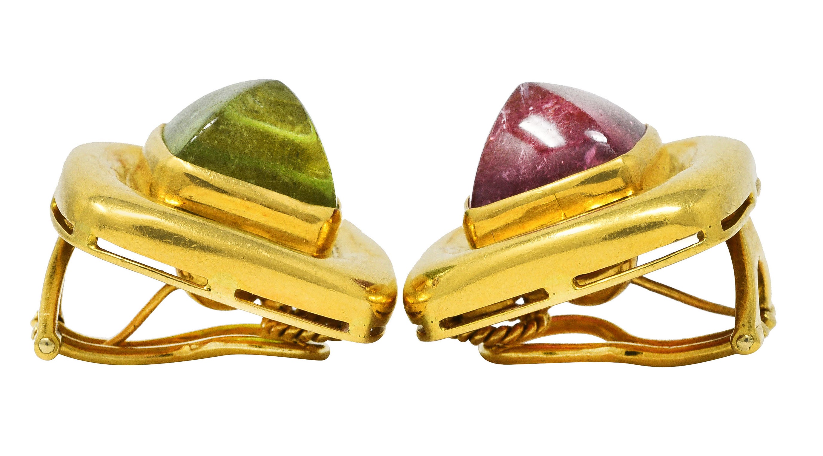 Elizabeth Locke Pink & Green Tourmaline 18 Karat Yellow Gold Vintage Gemstone Cabochon Earrings Wilson's Estate Jewelry