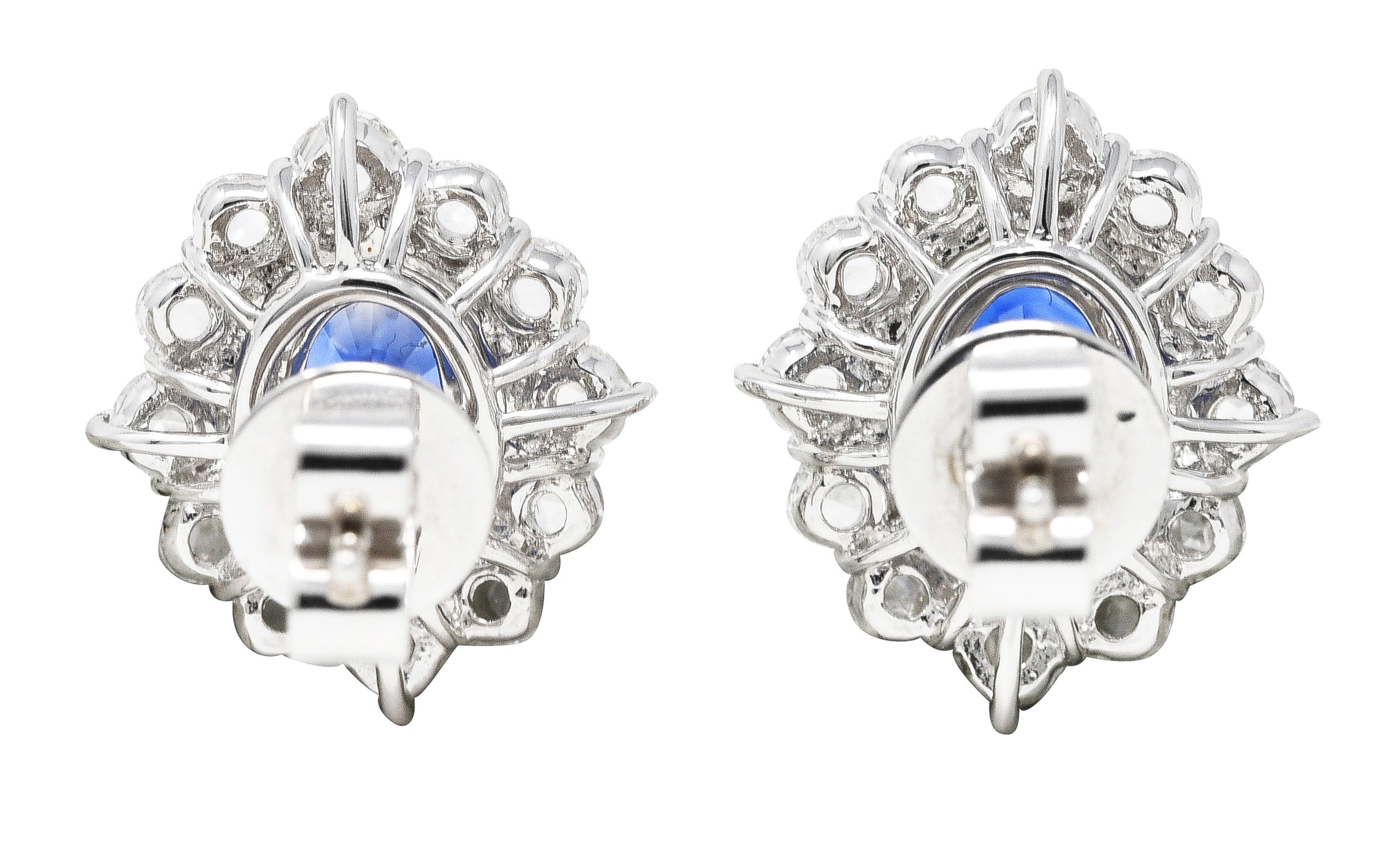 Contemporary 3.00 CTW Oval Cut Sapphire Rose Cut Diamond 18 Karat White Gold Cluster Halo Stud Earrings Wilson's Estate Jewelry