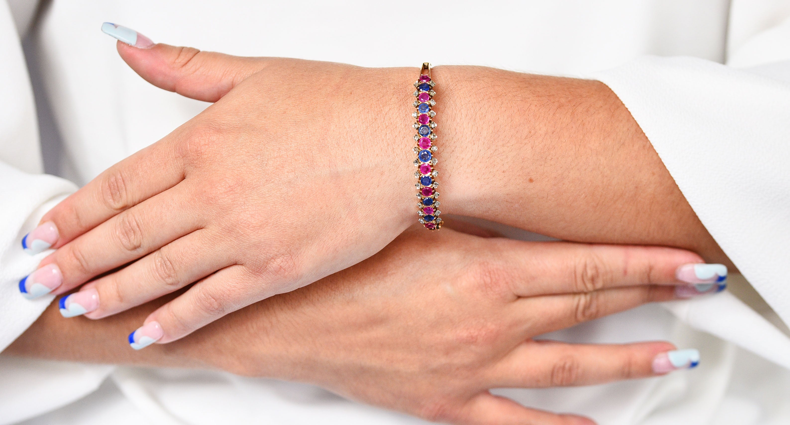 Retro 4.40 CTW Sapphire Ruby Diamond 18 Karat Two-Tone Bangle Braceletbracelet - Wilson's Estate Jewelry