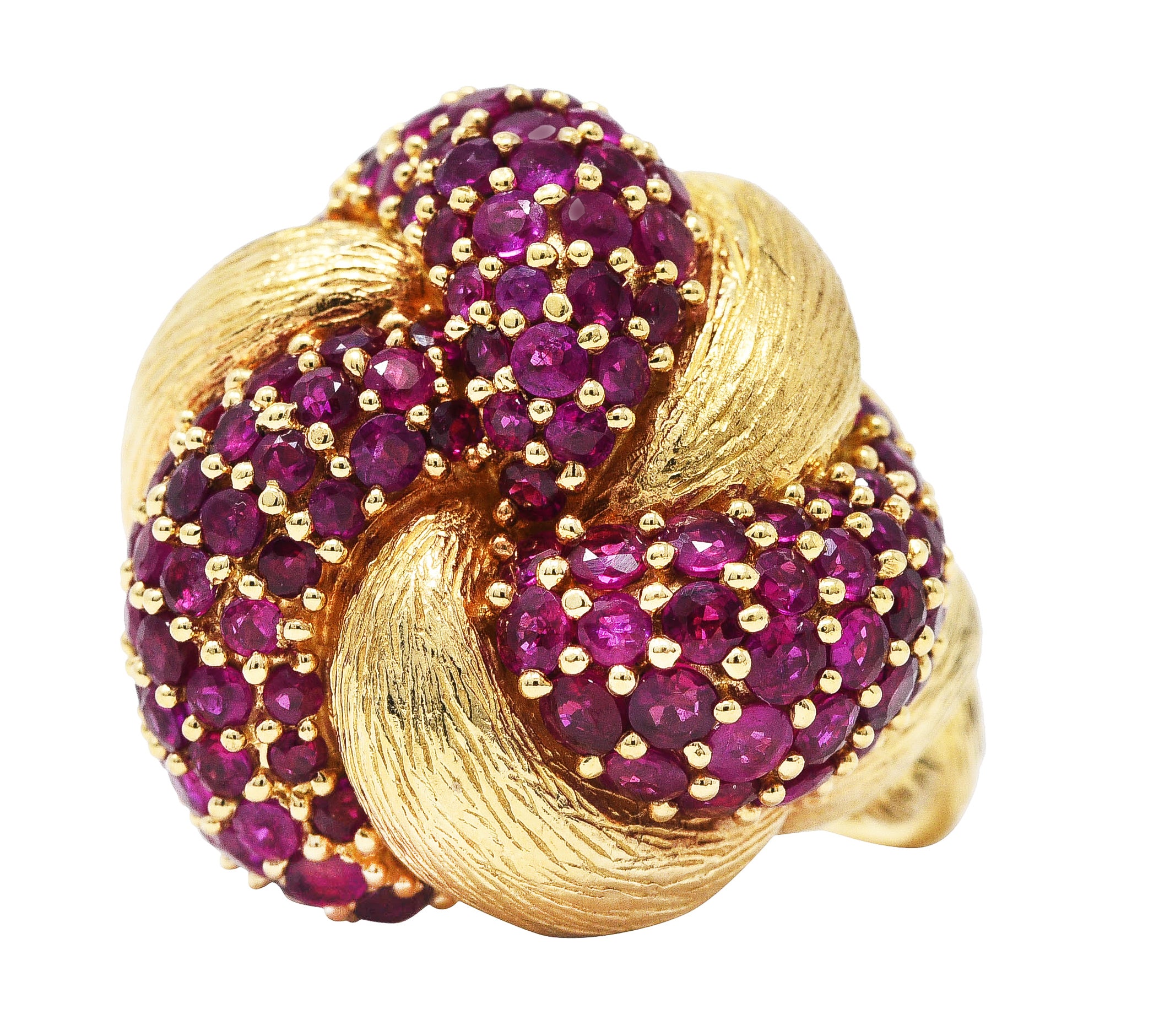 1960's Modern 5.00 CTW Pave Ruby 14 Karat Yellow Gold Twisted Knot RingRing - Wilson's Estate Jewelry