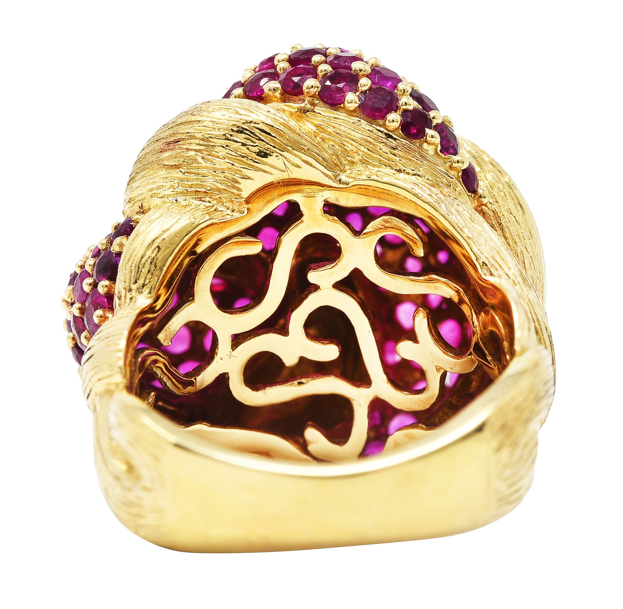 1960's Modern 5.00 CTW Pave Ruby 14 Karat Yellow Gold Twisted Knot RingRing - Wilson's Estate Jewelry