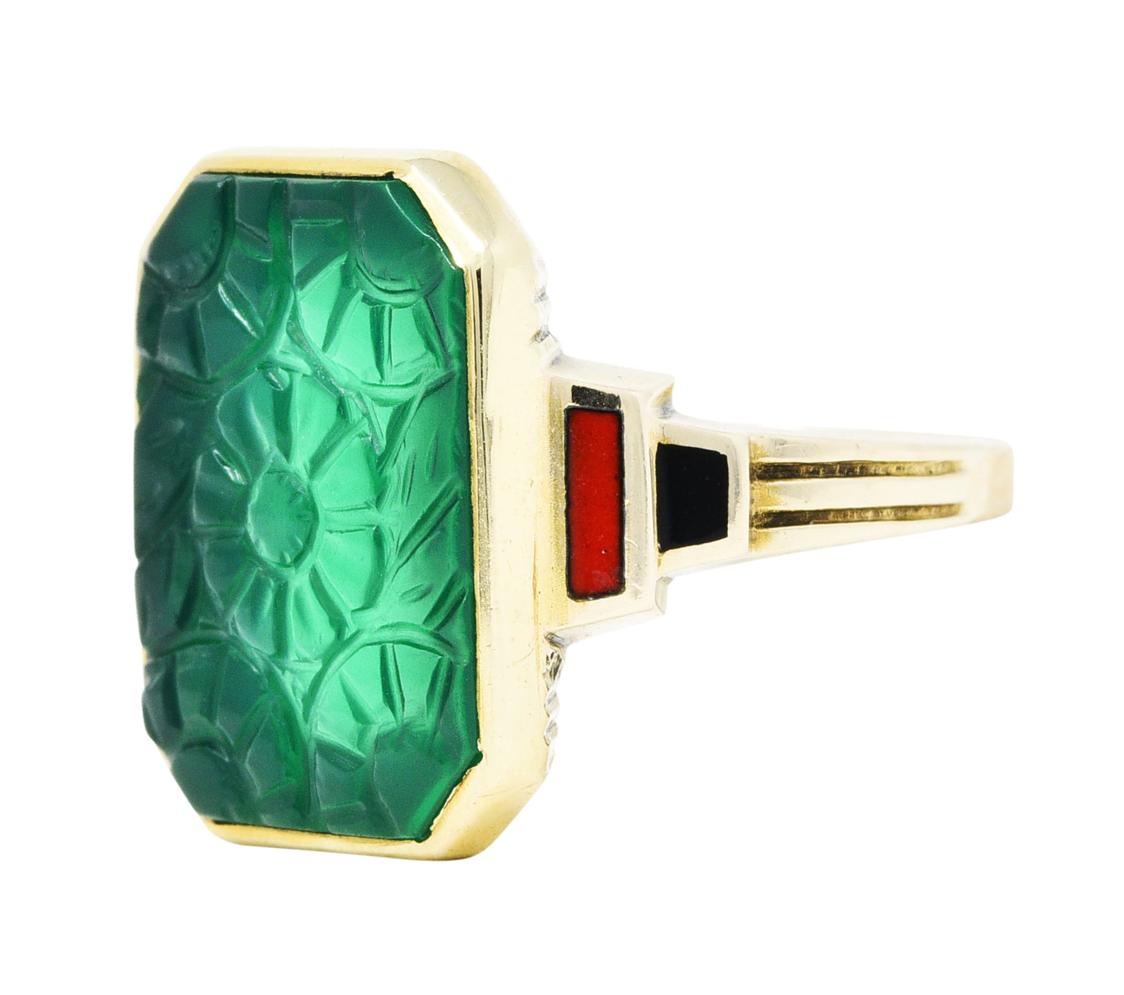 Allsopp Bros. Art Deco Chrysoprase Enamel 10 Karat Gold Carved Floral RingRing - Wilson's Estate Jewelry