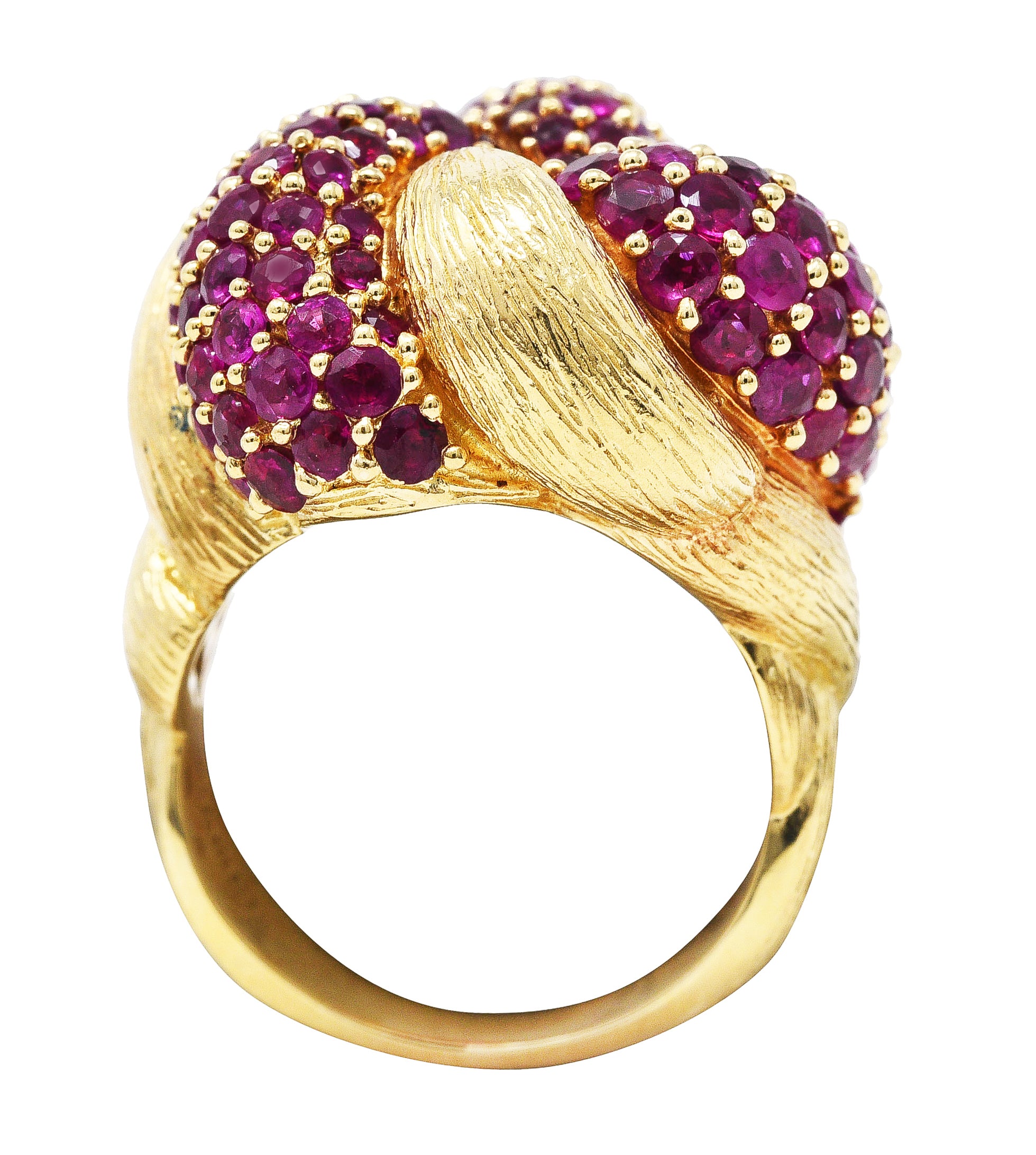 1960's Modern 5.00 CTW Pave Ruby 14 Karat Yellow Gold Twisted Knot RingRing - Wilson's Estate Jewelry