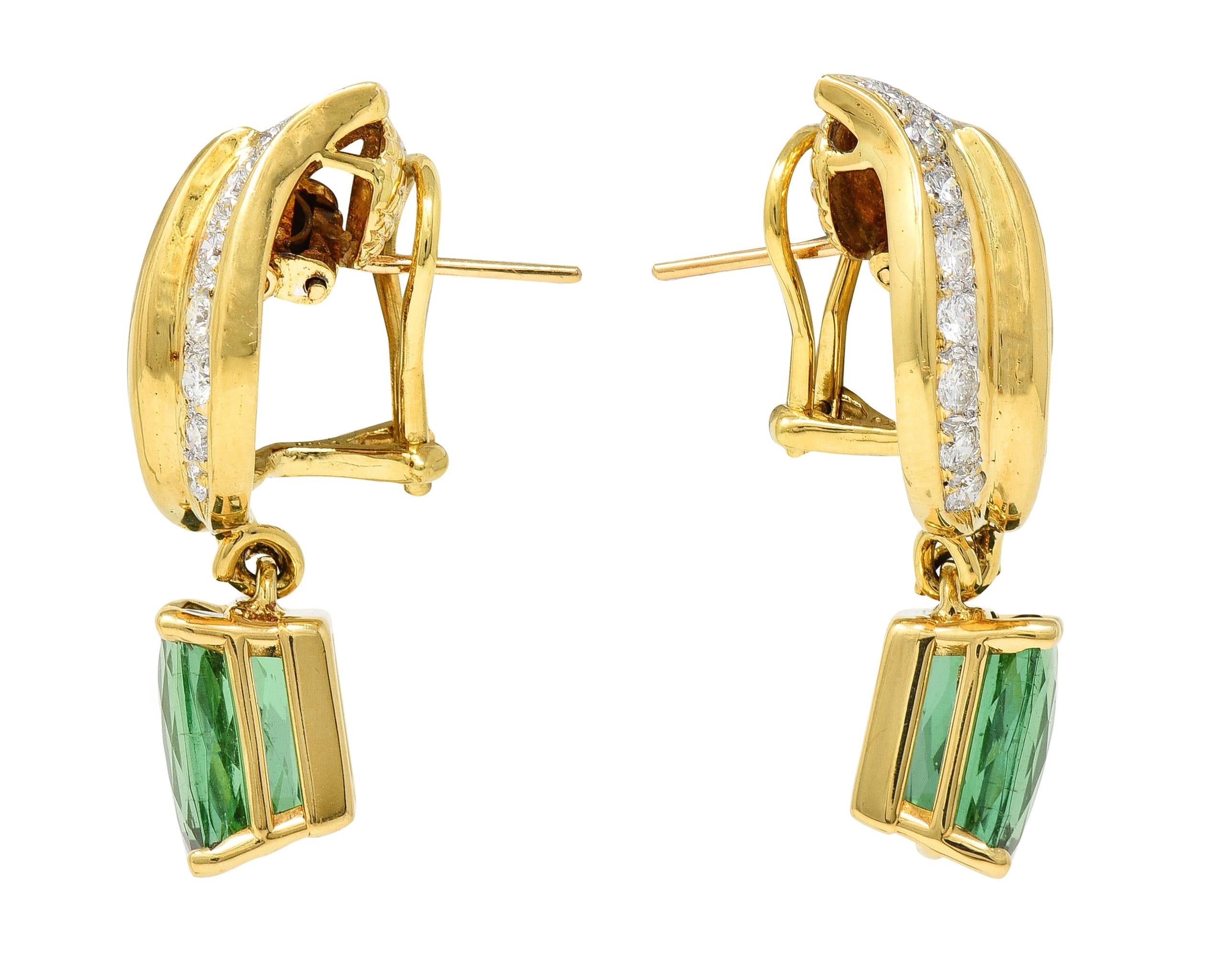 1980's 7.38 CTW Diamond Tourmaline 18 Karat Yellow Gold Leaf Drop Earrings