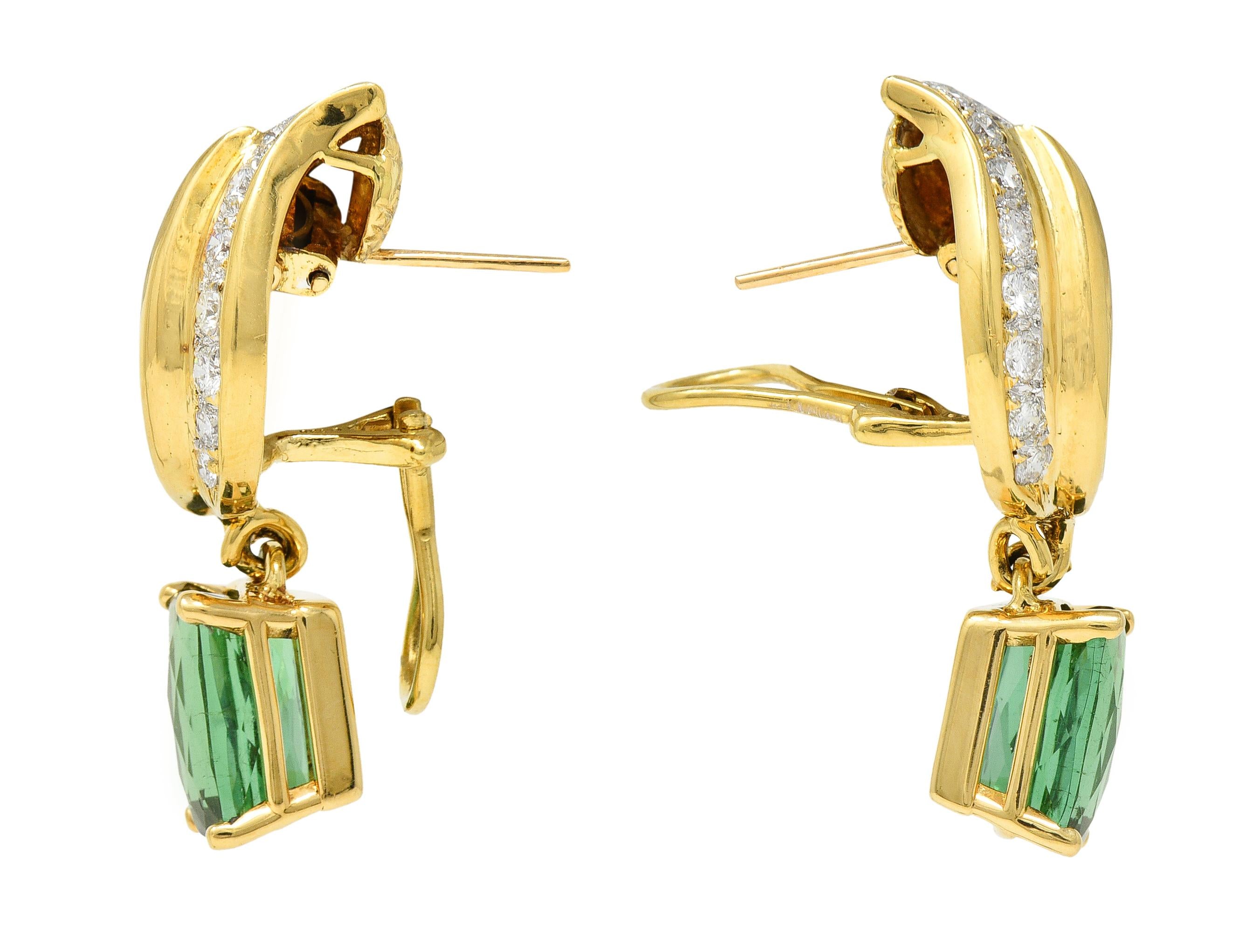 1980's 7.38 CTW Diamond Tourmaline 18 Karat Yellow Gold Leaf Drop Earrings