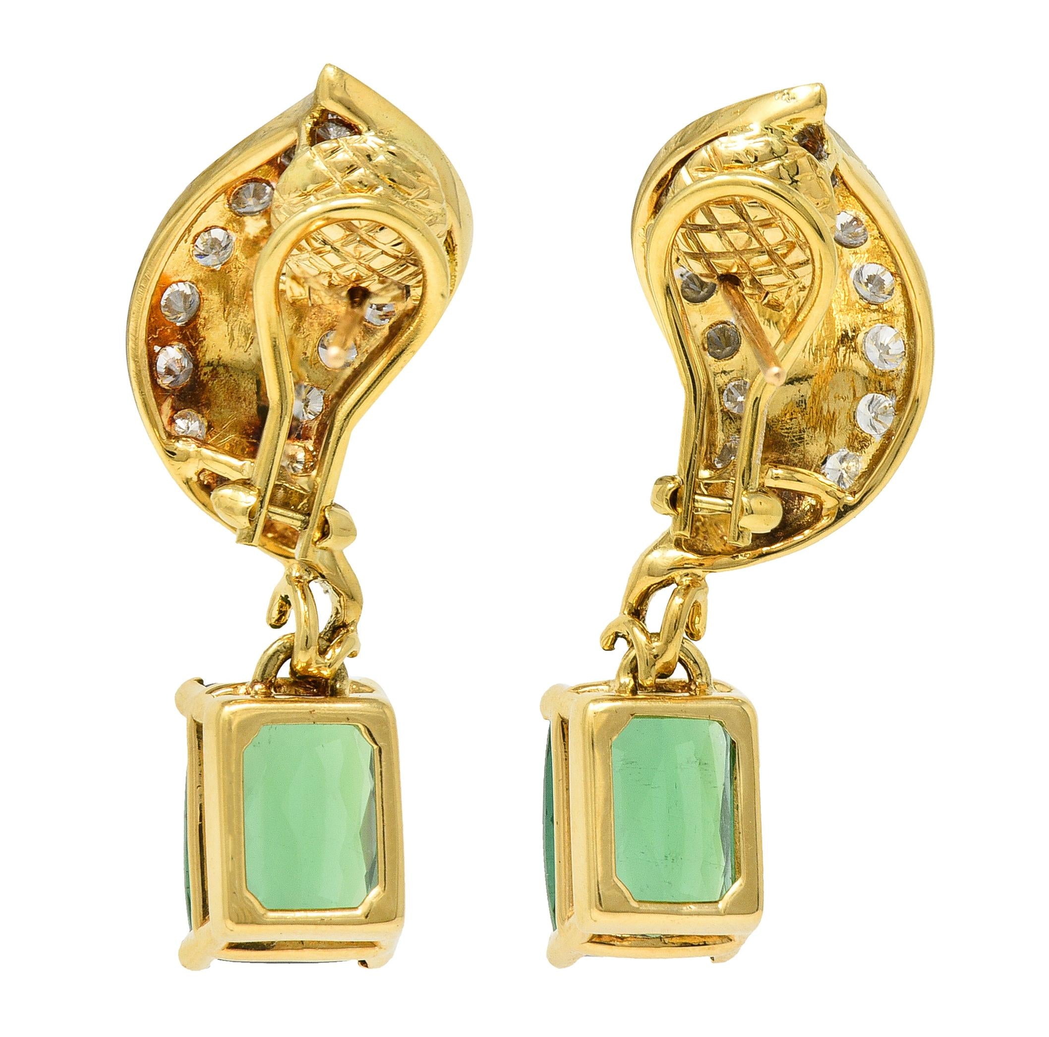 1980's 7.38 CTW Diamond Tourmaline 18 Karat Yellow Gold Leaf Drop Earrings