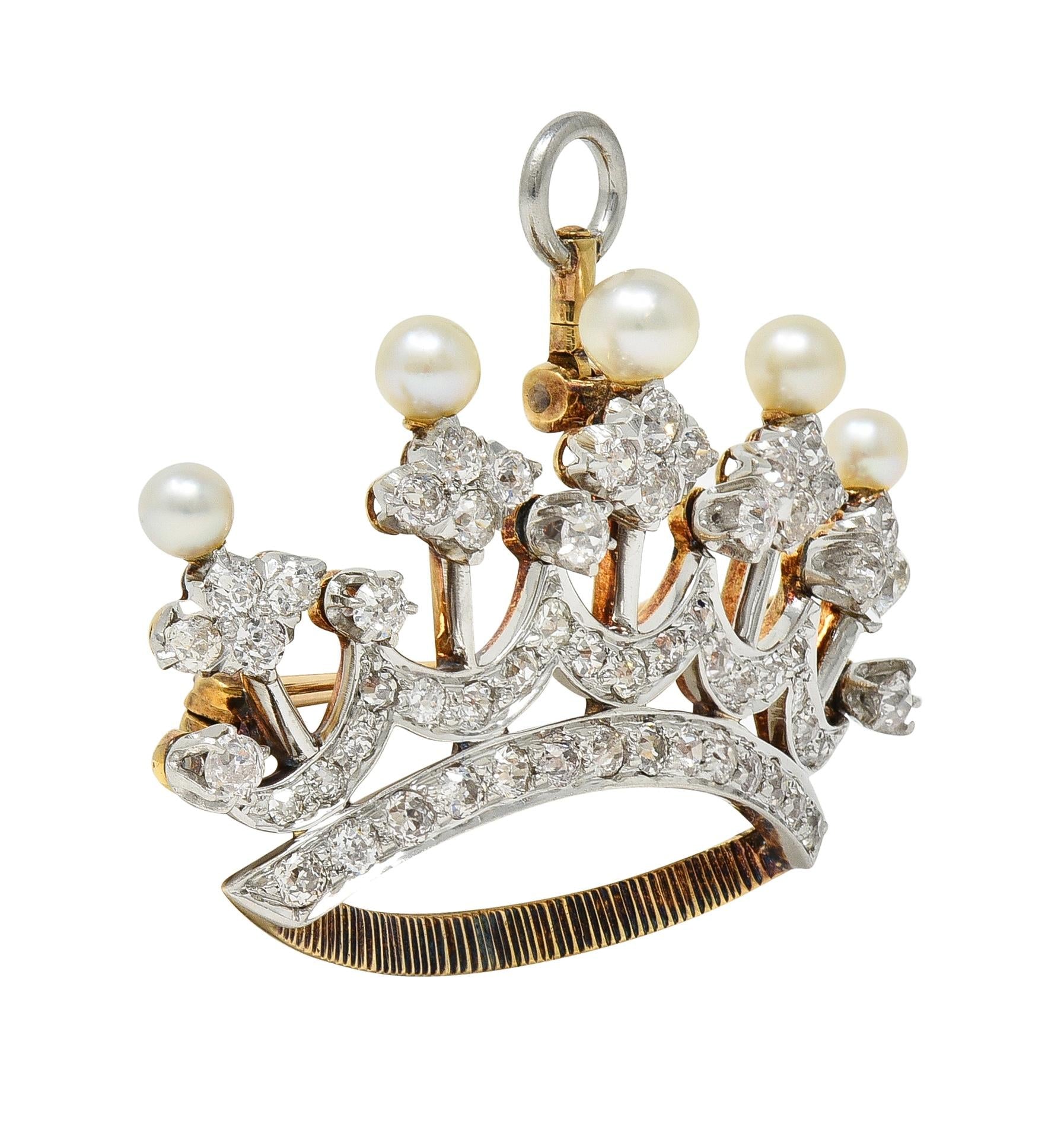 Edwardian 1.45 CTW Diamond Pearl Platinum 14 Karat Gold Crown Pendant Brooch