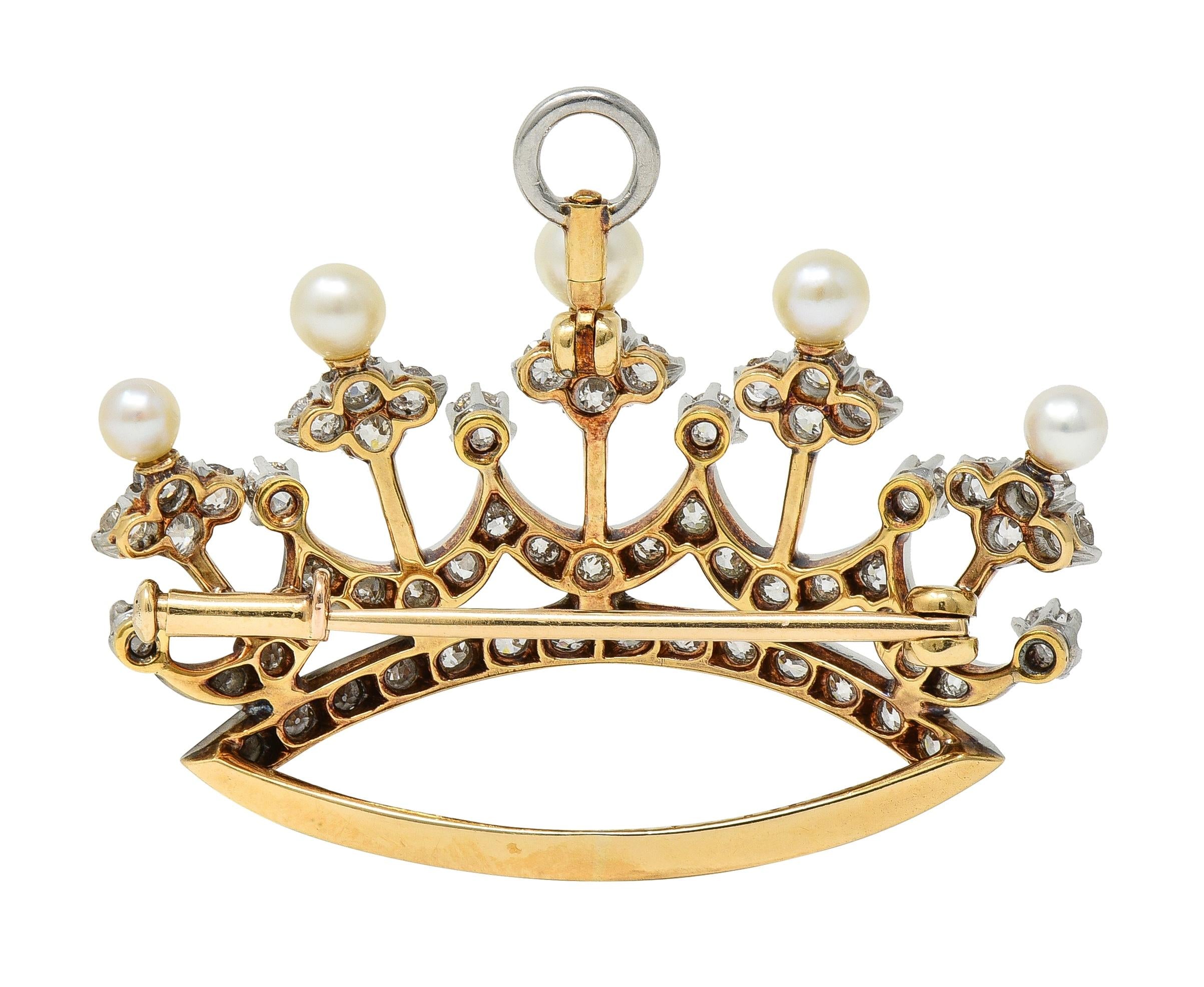 Edwardian 1.45 CTW Diamond Pearl Platinum 14 Karat Gold Crown Pendant Brooch