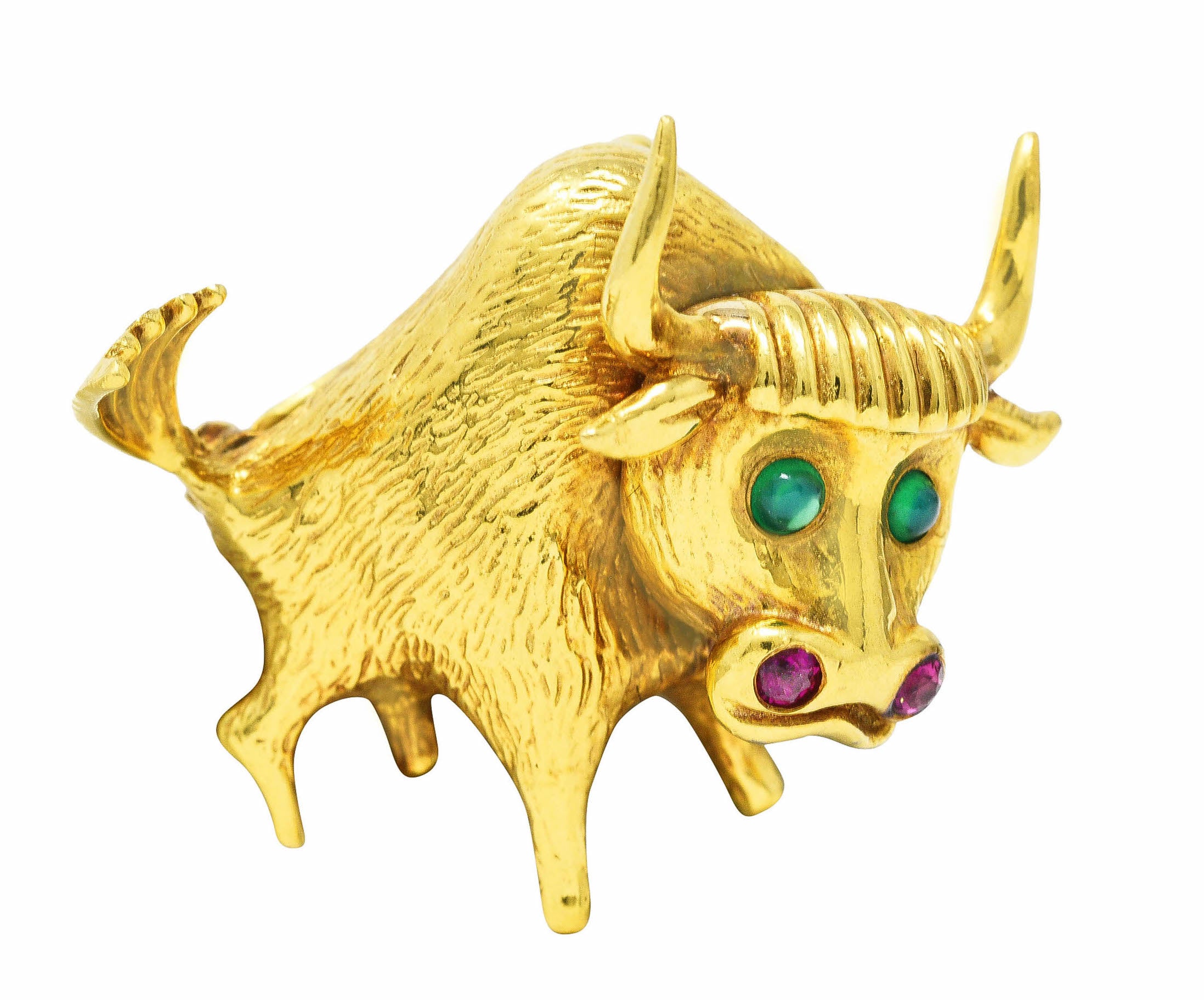 1960's Ruby Emerald 18 Karat Yellow Gold Bull Vintage Brooch Wilson's Estate Jewelry