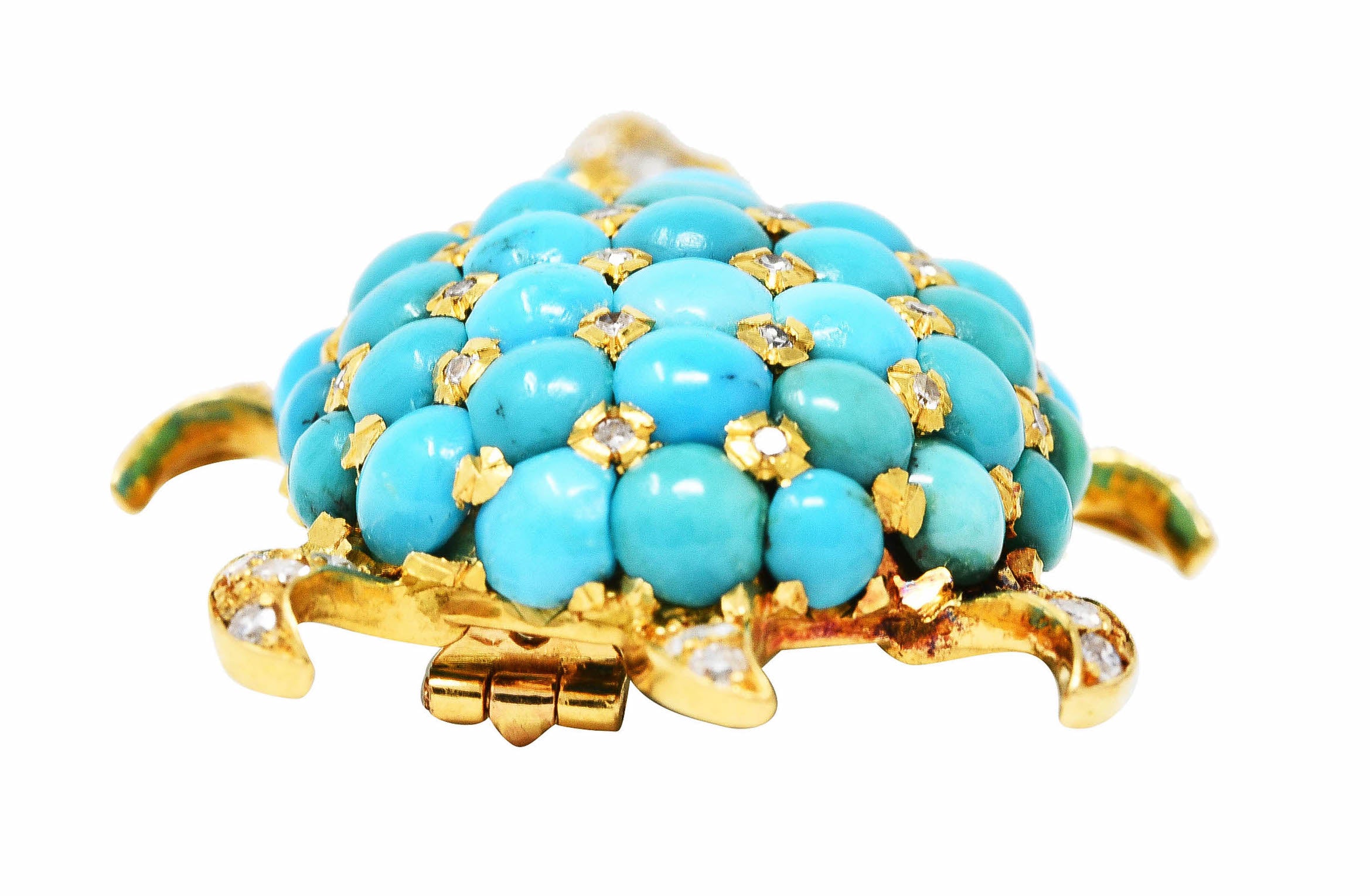 1960's Portuguese Diamond Turquoise 18 Karat Yellow Gold Vintage Turtle Brooch Wilson's Estate Jewelry