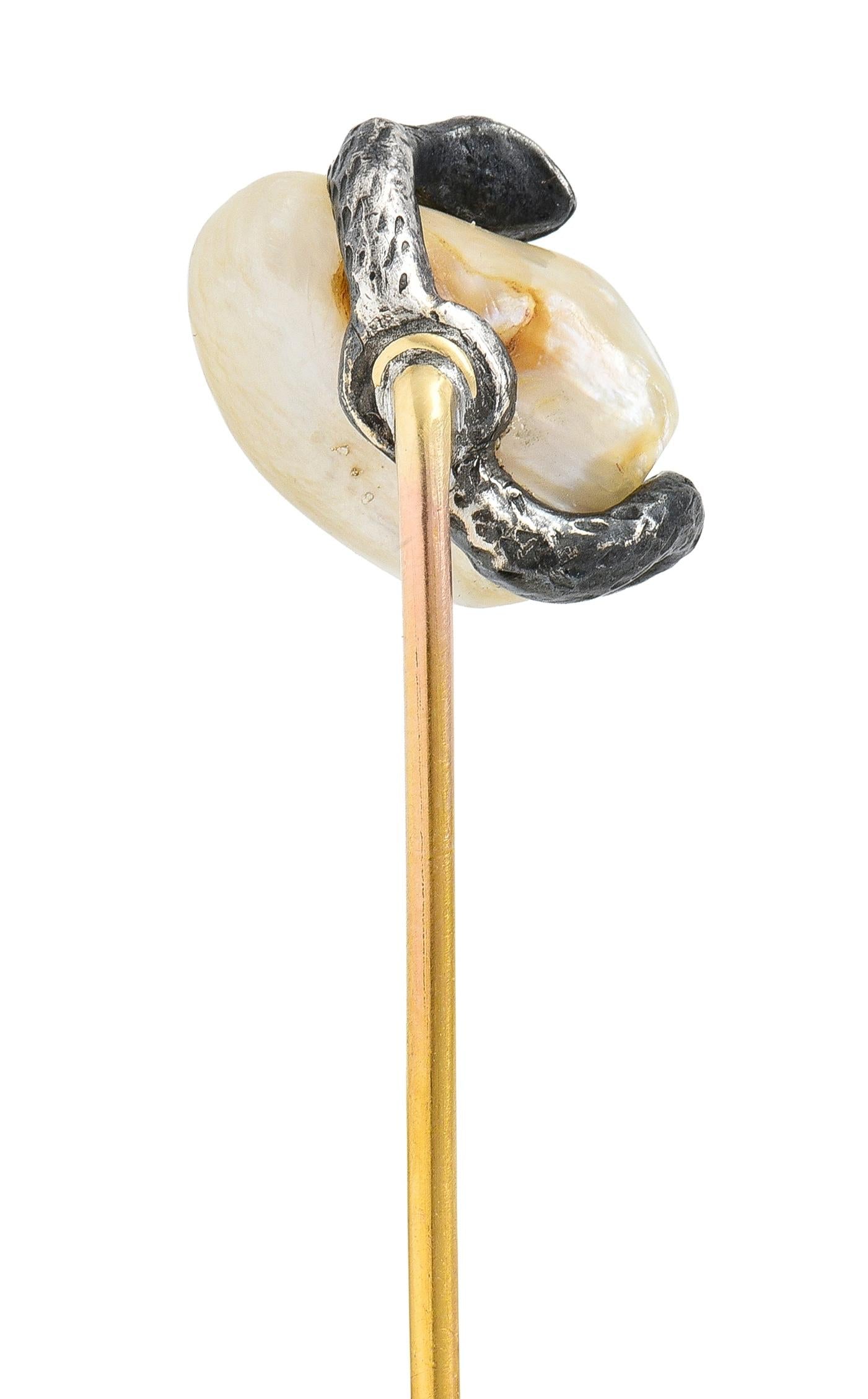 Victorian Sapphire Pearl Silver 14 Karat Yellow Gold Antique Snake Stickpin