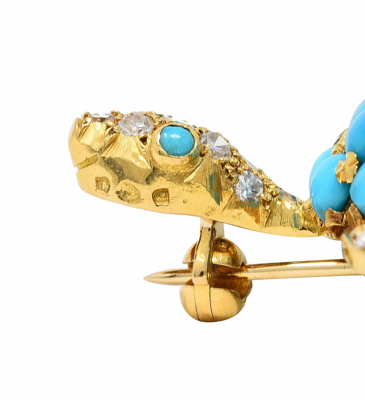 1960's Portuguese Diamond Turquoise 18 Karat Yellow Gold Vintage Turtle Brooch Wilson's Estate Jewelry