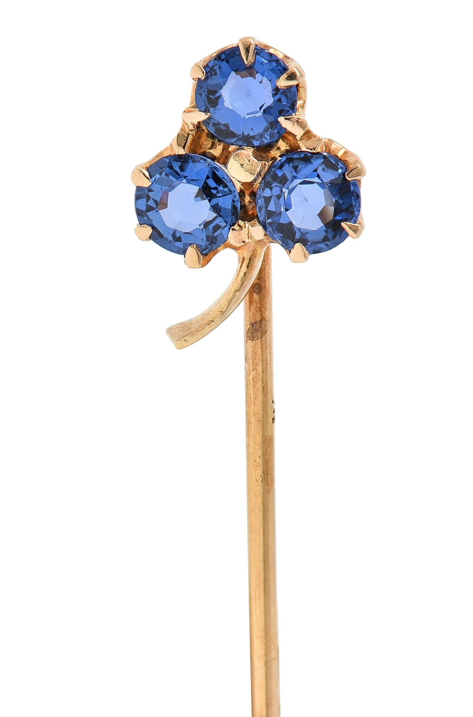 Victorian 1.05 CTW Sapphire 14 Karat Yellow Gold Clover Antique Stickpin