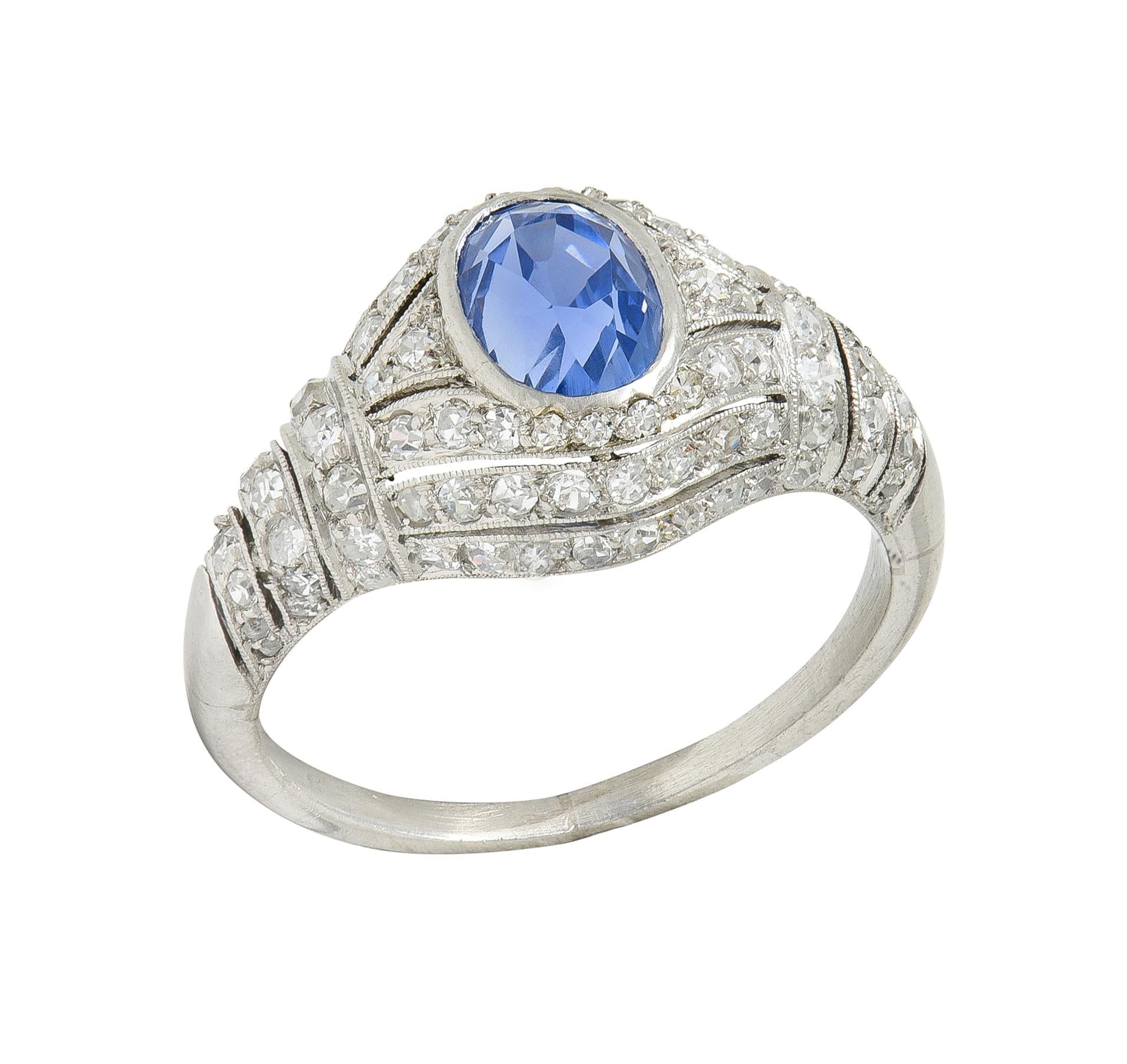 Art Deco 3.00 CTW No Heat Ceylon Sapphire Diamond Platinum Bombé Ring GIA