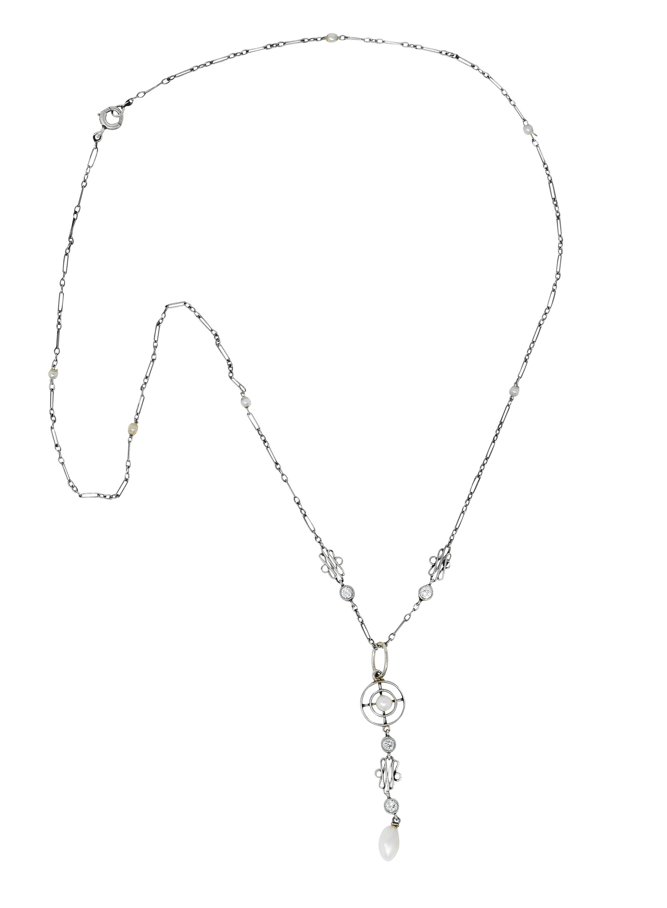 1920's Art Deco Diamond Pearl Platinum Pendant NecklaceNecklace - Wilson's Estate Jewelry