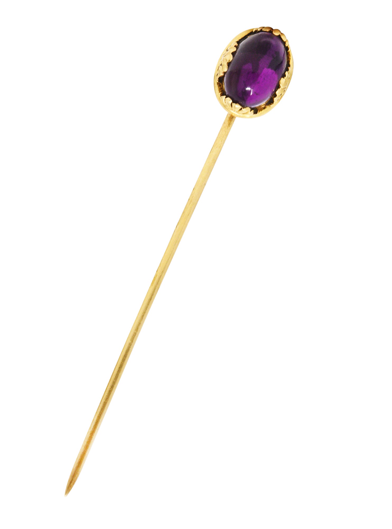 Early Art Nouveau Amethyst Cabochon 14 Karat Yellow Gold Antique Stickpin Wilson's Estate Jewelry