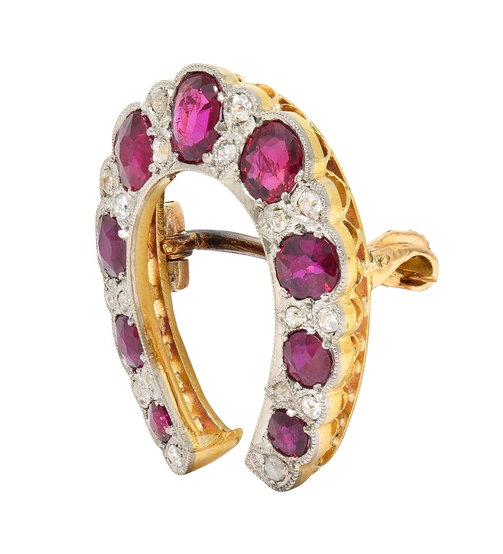 Edwardian 2.66 CTW Ruby Diamond Platinum 18 Karat Gold Horseshoe Pendant Brooch