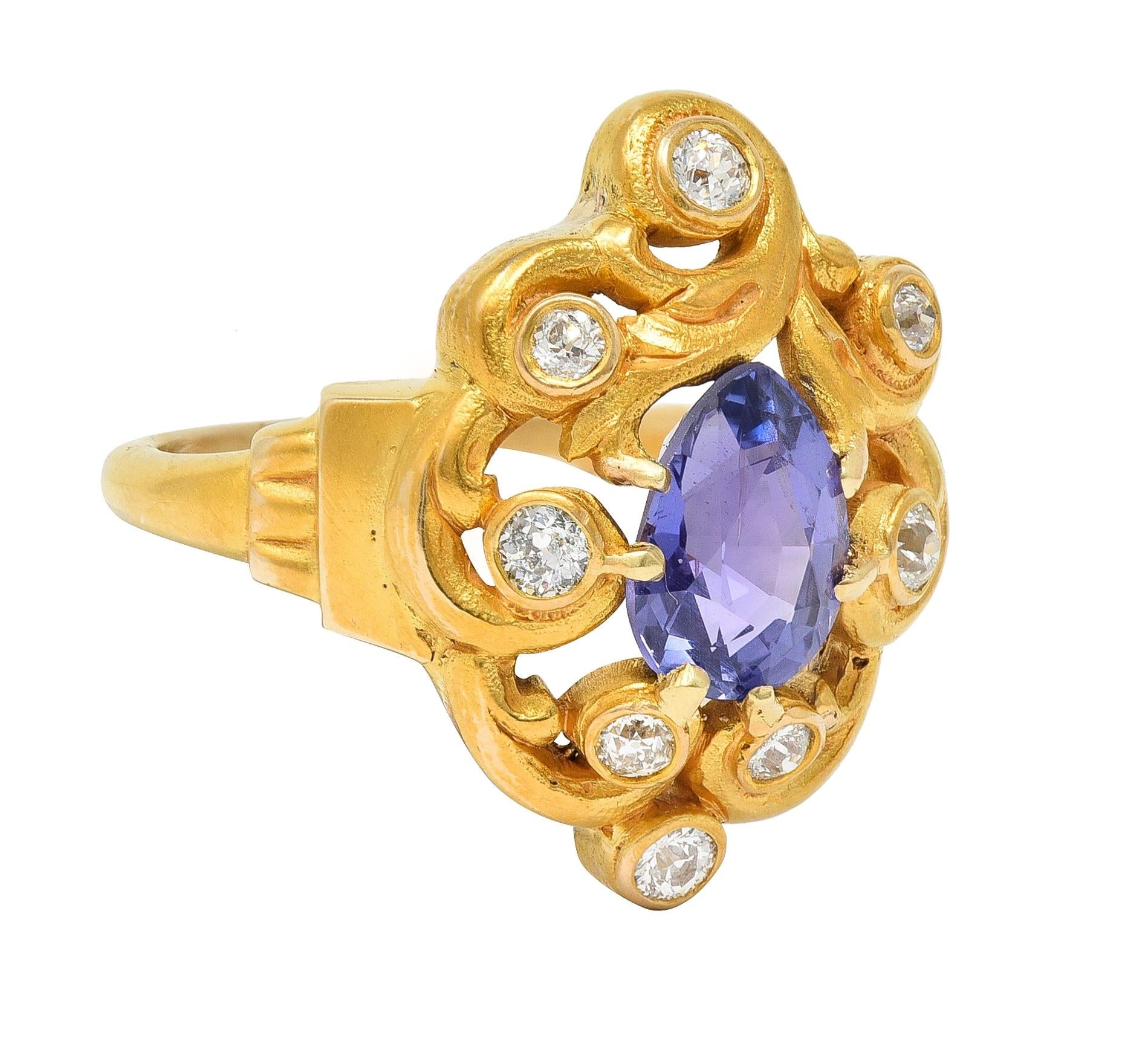 Art Nouveau No Heat Ceylon Purple Sapphire Diamond 14 Karat Gold Antique Ring