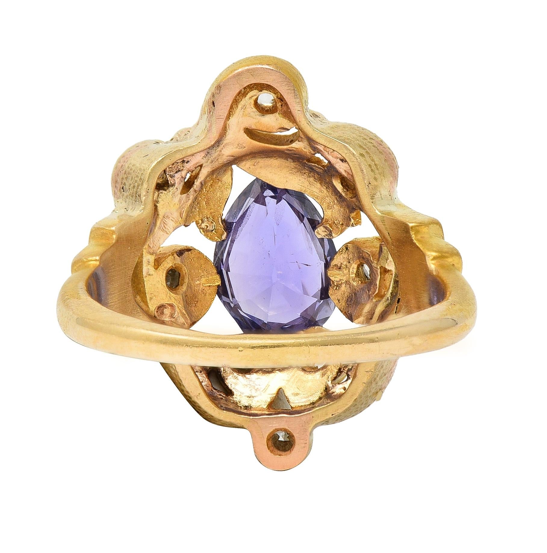 Art Nouveau No Heat Ceylon Purple Sapphire Diamond 14 Karat Gold Antique Ring