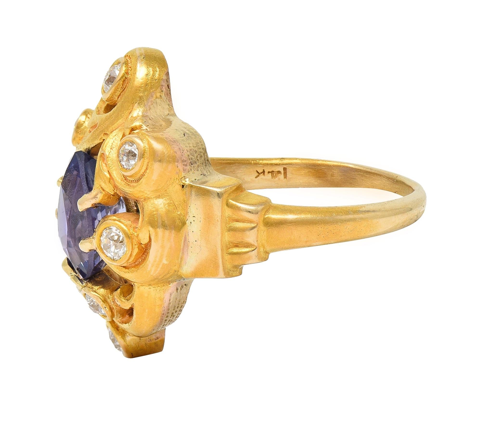 Art Nouveau No Heat Ceylon Purple Sapphire Diamond 14 Karat Gold Antique Ring