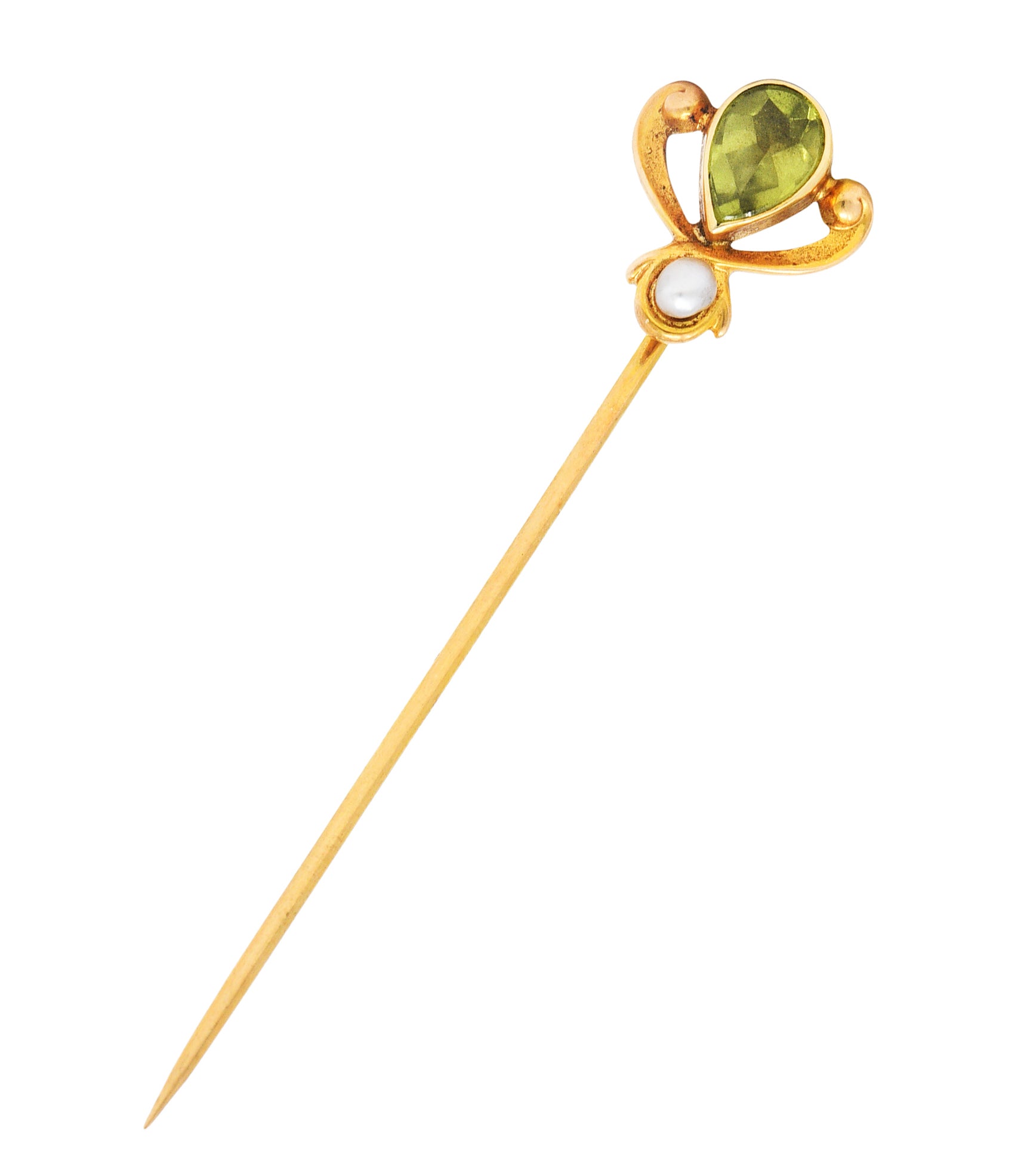 Moore & Son Art Nouveau Peridot Pearl 14 Karat Yellow Gold StickpinStick Pin - Wilson's Estate Jewelry