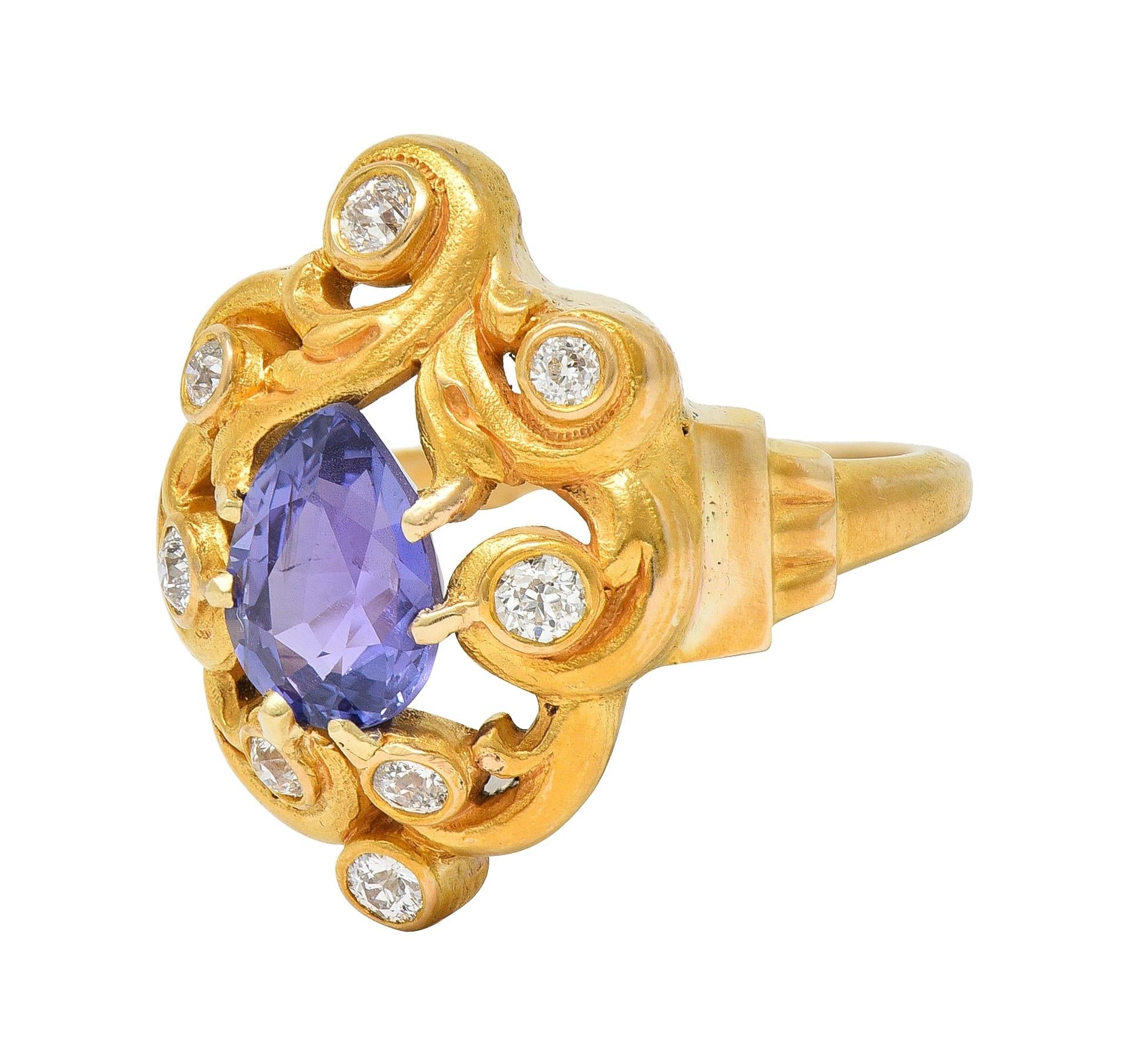 Art Nouveau No Heat Ceylon Purple Sapphire Diamond 14 Karat Gold Antique Ring