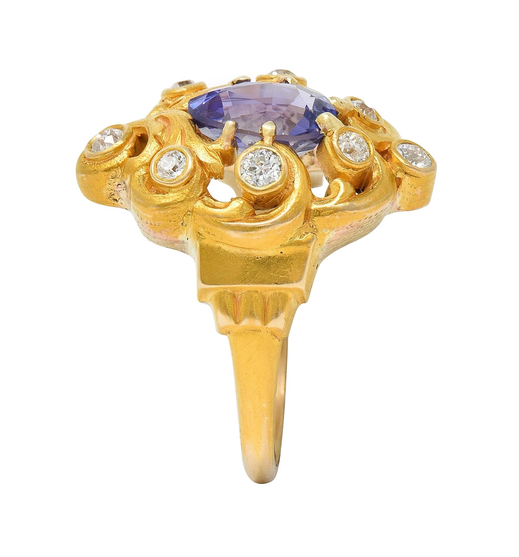 Art Nouveau No Heat Ceylon Purple Sapphire Diamond 14 Karat Gold Antique Ring