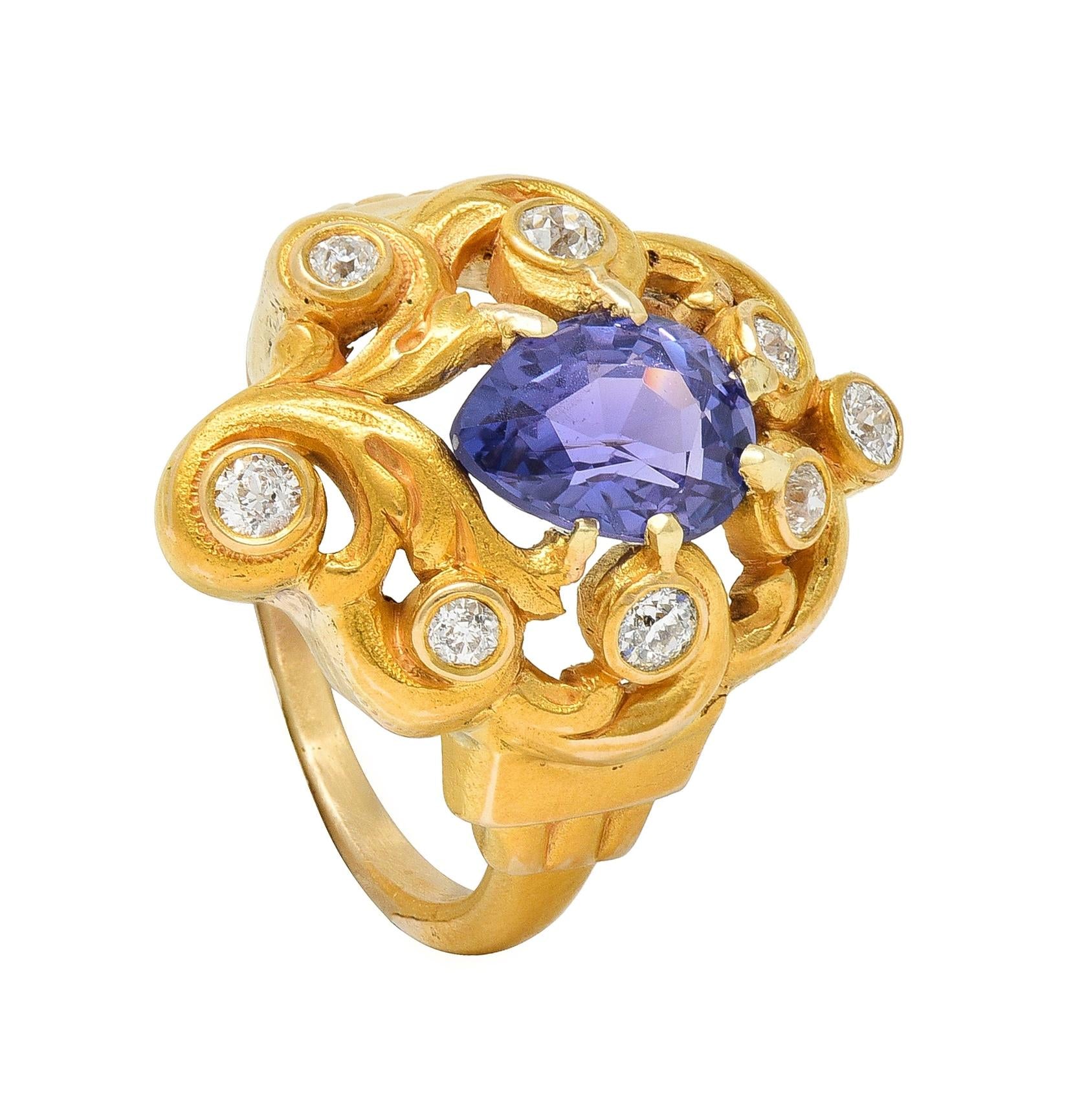 Art Nouveau No Heat Ceylon Purple Sapphire Diamond 14 Karat Gold Antique Ring