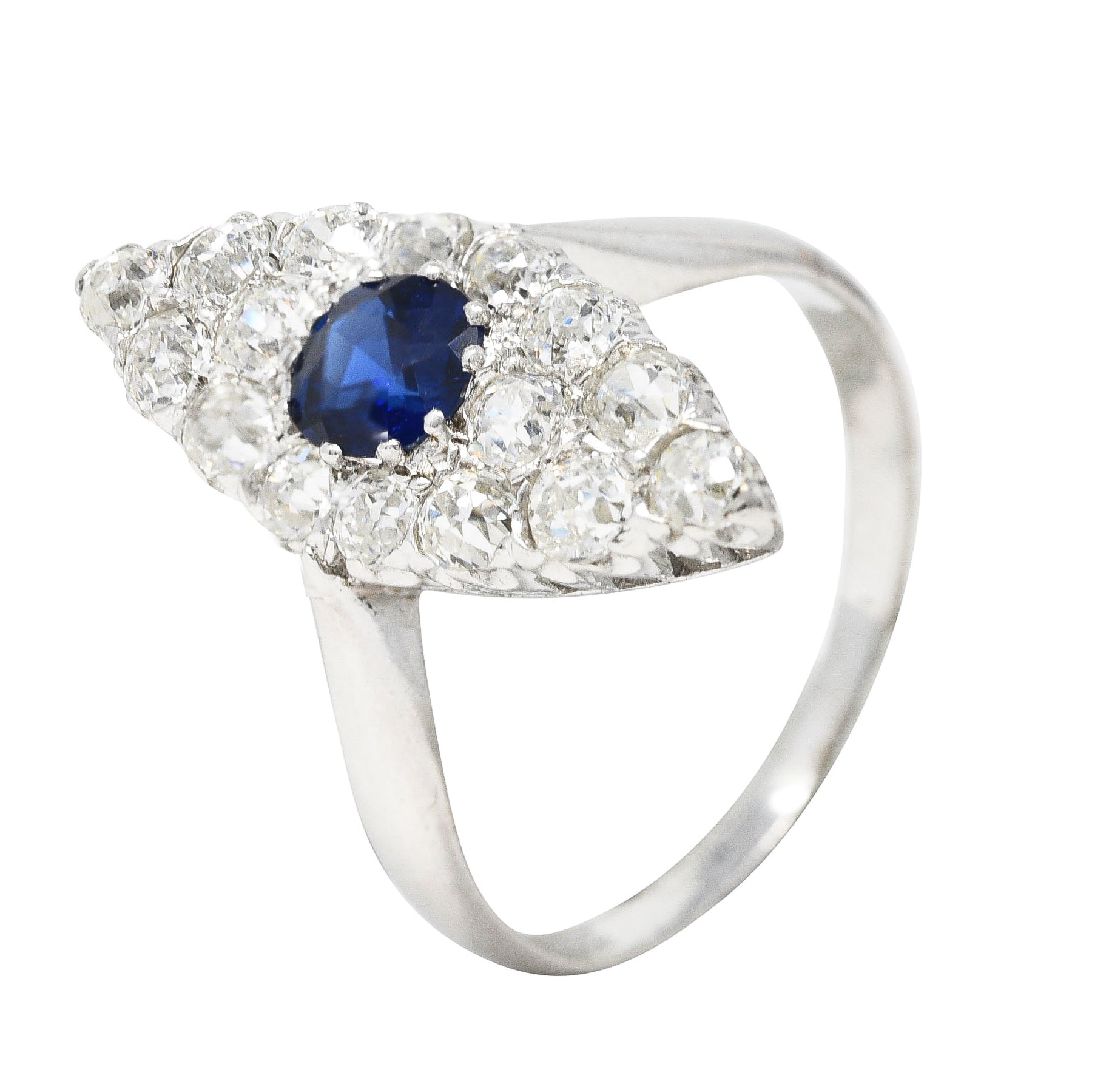 Edwardian 1.56 CTW Cushion Cut Sapphire Old Mine Cut Diamond 14 Karat White Gold Antique Navette Dinner Ring Wilson's Estate Jewelry