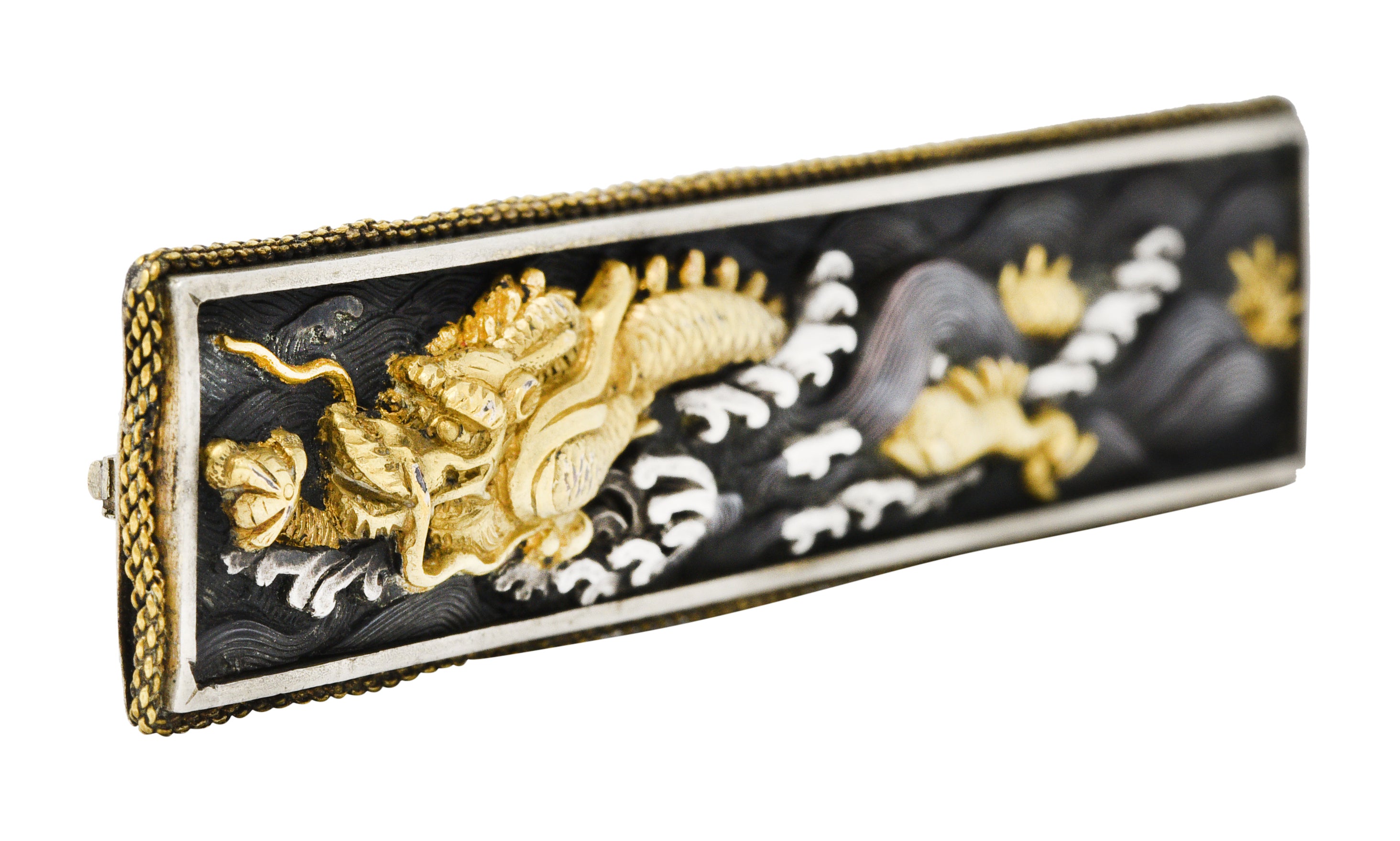 Victorian Silver 18 Karat Gold Mixed Metal Shakudo Ryujin Dragon Bar BroochBrooch - Wilson's Estate Jewelry