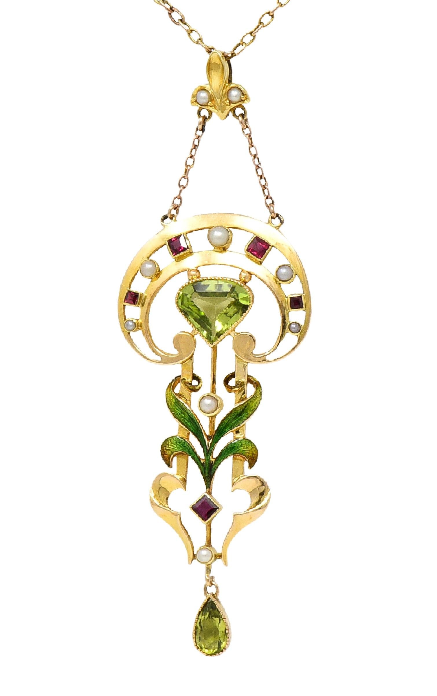 Art Nouveau Peridot Pearl Ruby 15 Karat Yellow Gold Antique Pendant Necklace