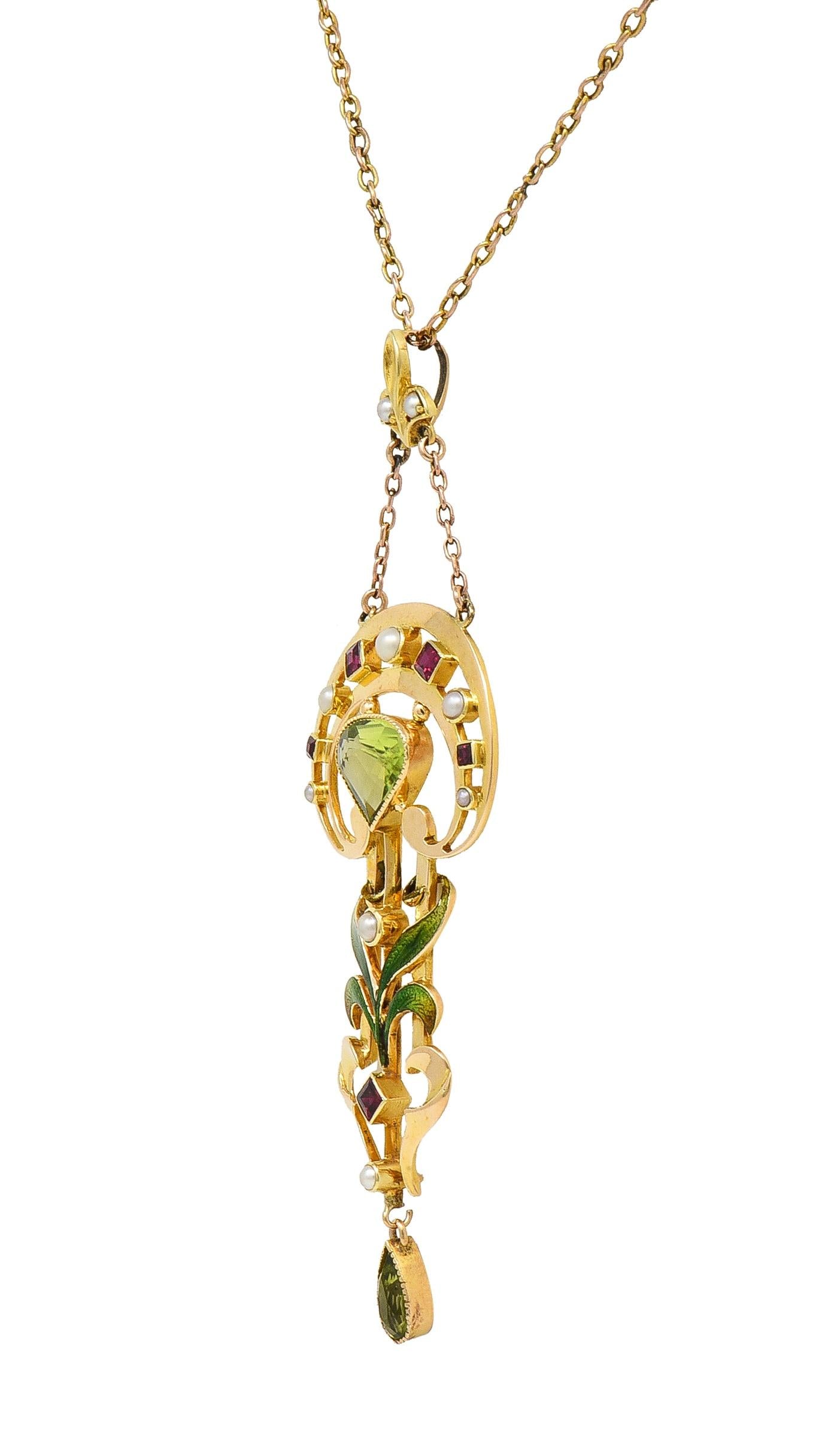 Art Nouveau Peridot Pearl Ruby 15 Karat Yellow Gold Antique Pendant Necklace