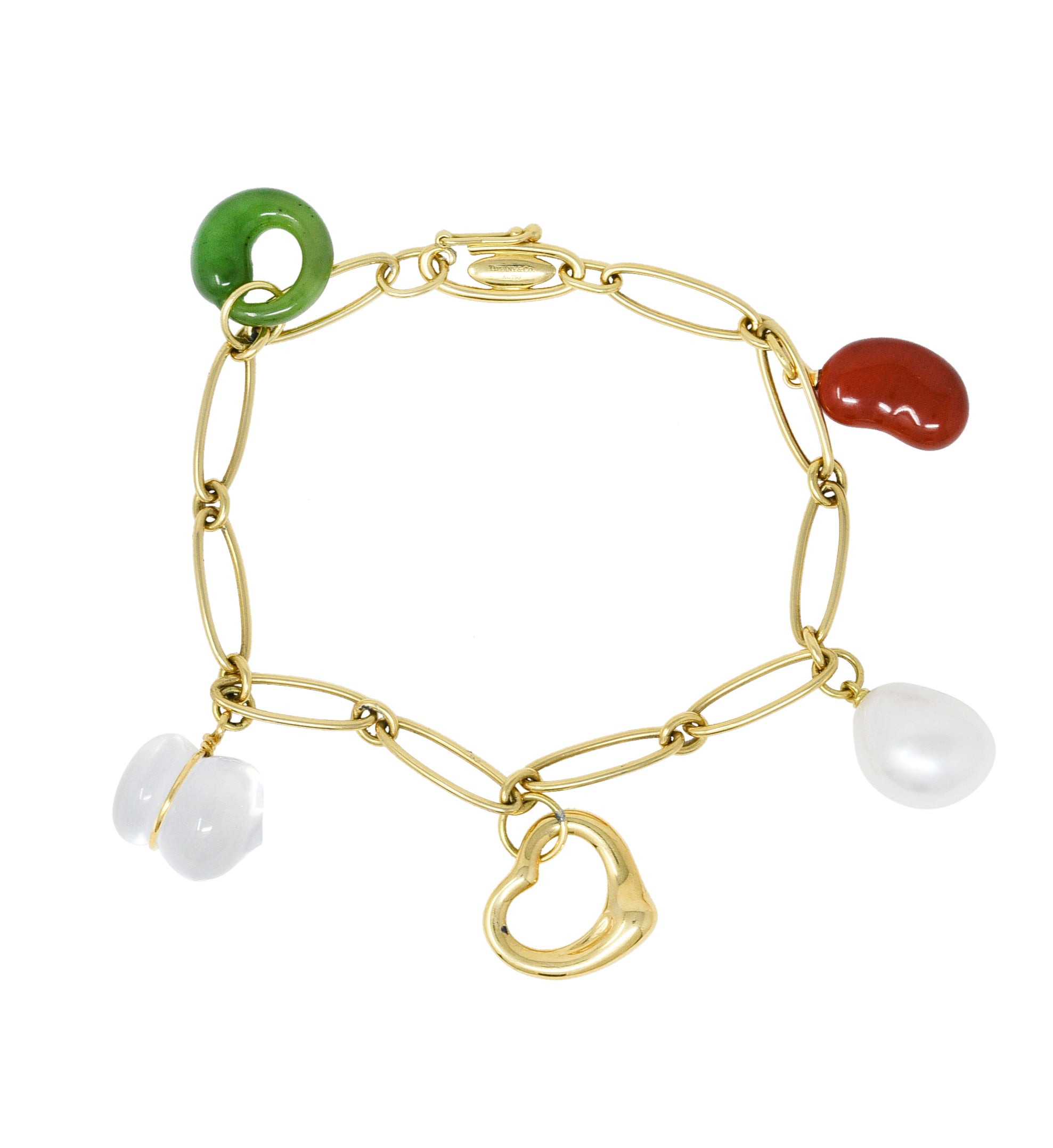 Elsa Peretti Tiffany & Co. Jade Agate Rock Crystal 18 Karat Gold Five Charm Icon Braceletbracelet - Wilson's Estate Jewelry