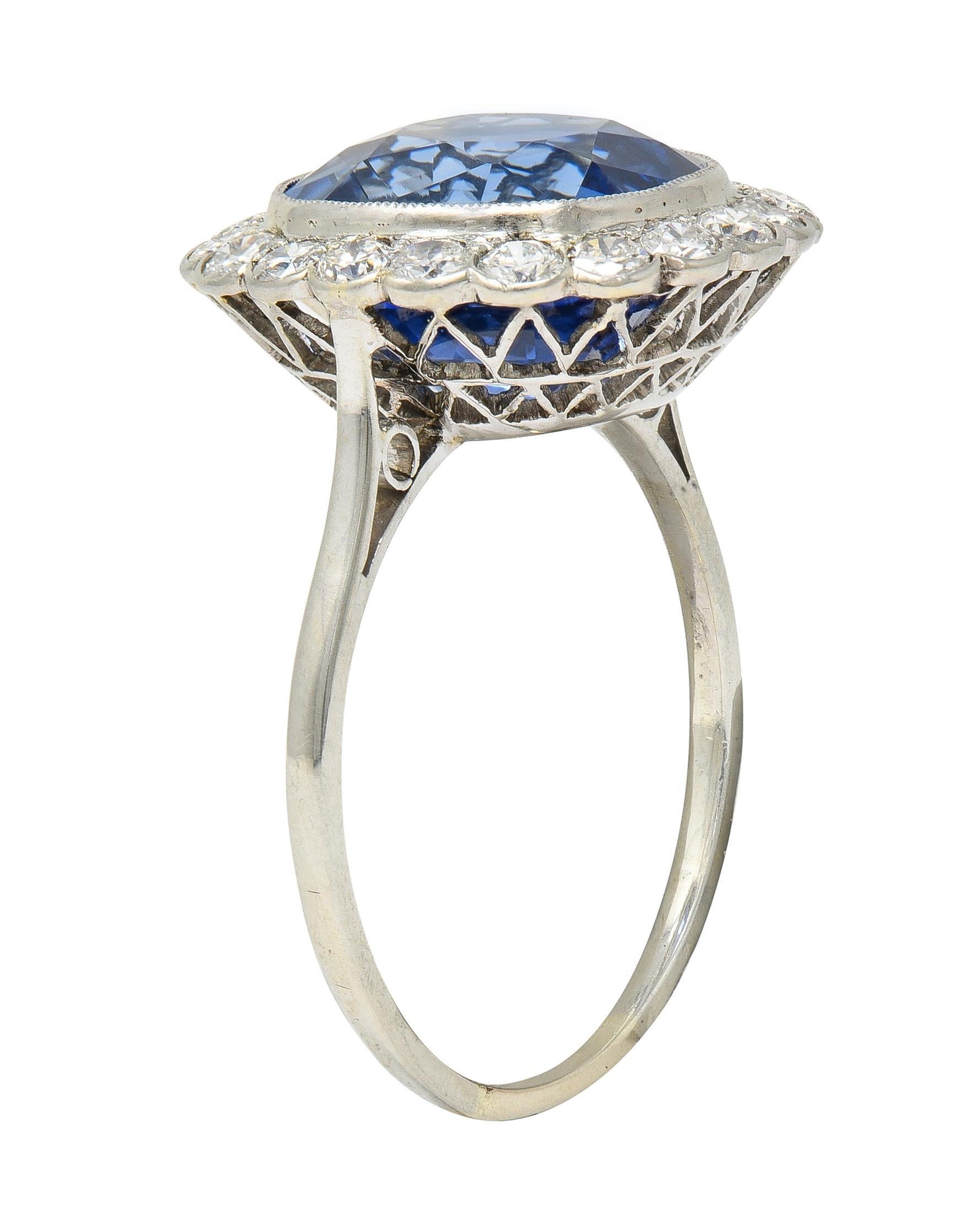 Art Deco 9.87 CTW No Heat Ceylon Sapphire Diamond Platinum Vintage Halo Ring