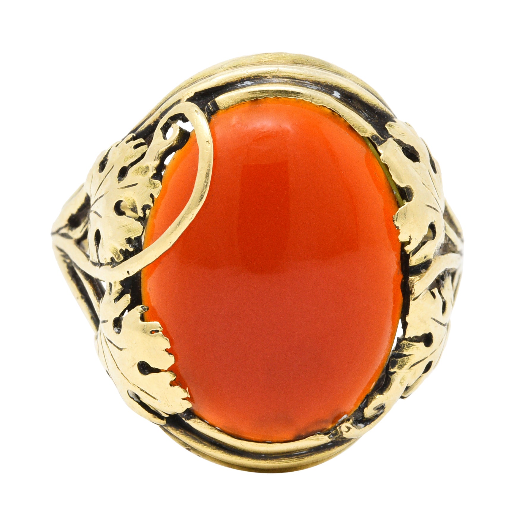 Arts & Crafts Carnelian Cabochon 18 Karat Gold Foliate RingRing - Wilson's Estate Jewelry