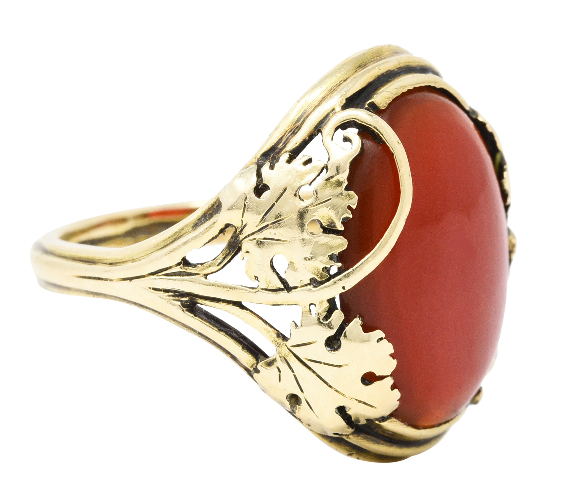 Arts & Crafts Carnelian Cabochon 18 Karat Gold Foliate RingRing - Wilson's Estate Jewelry