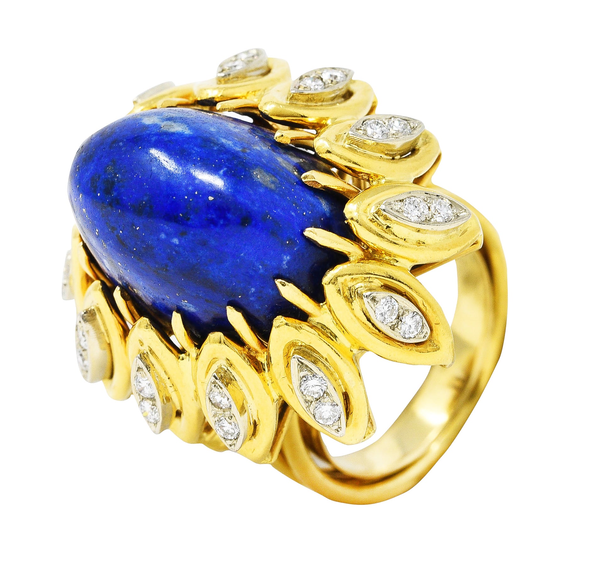 1960's Lapis Diamond 18 Karat Yellow Gold Sculptural Vintage Cocktail Ring Wilson's Estate Jewelry