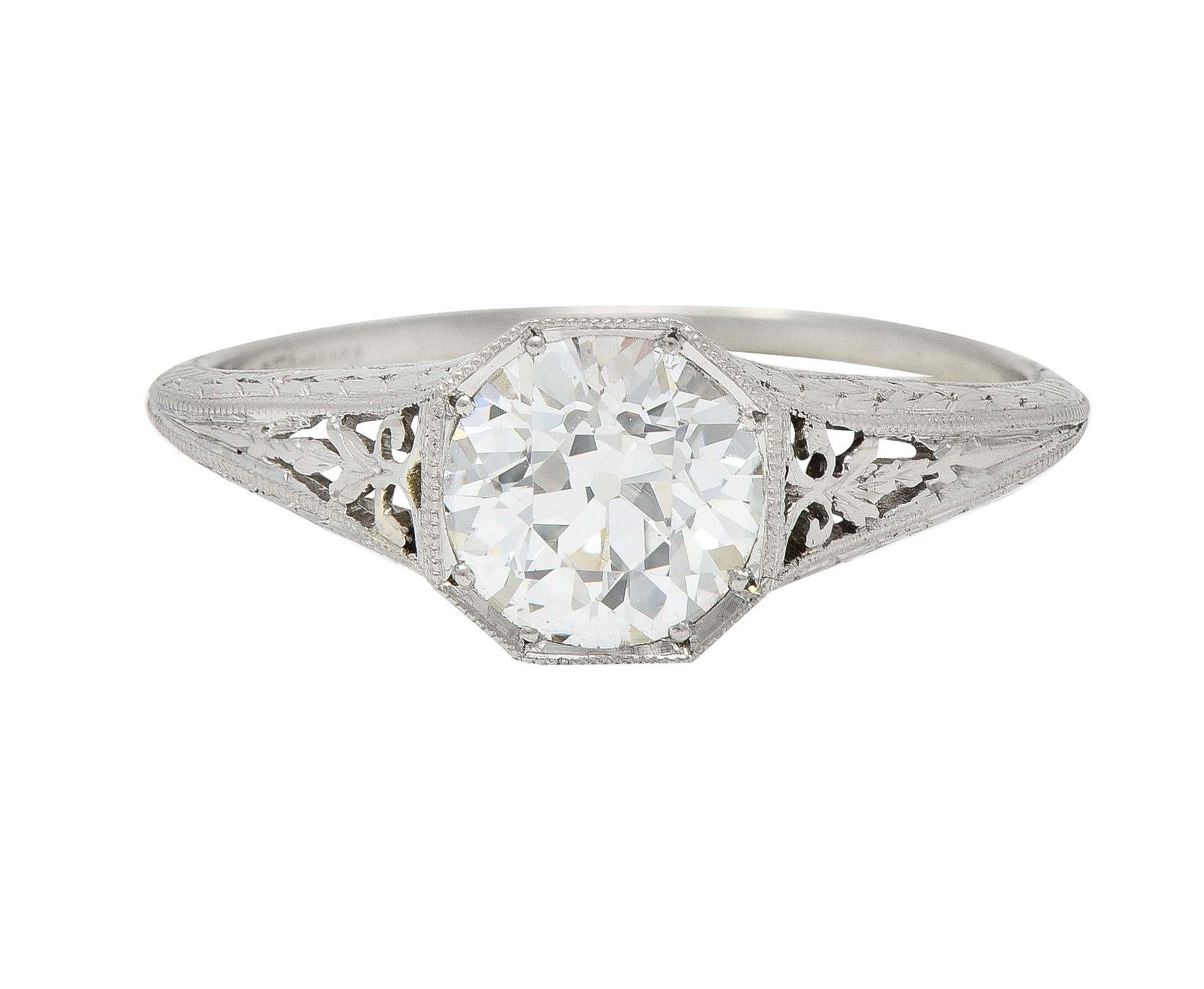 Art Deco 1.27 CT Old European Cut Diamond Platinum Octagonal Engagement Ring GIA